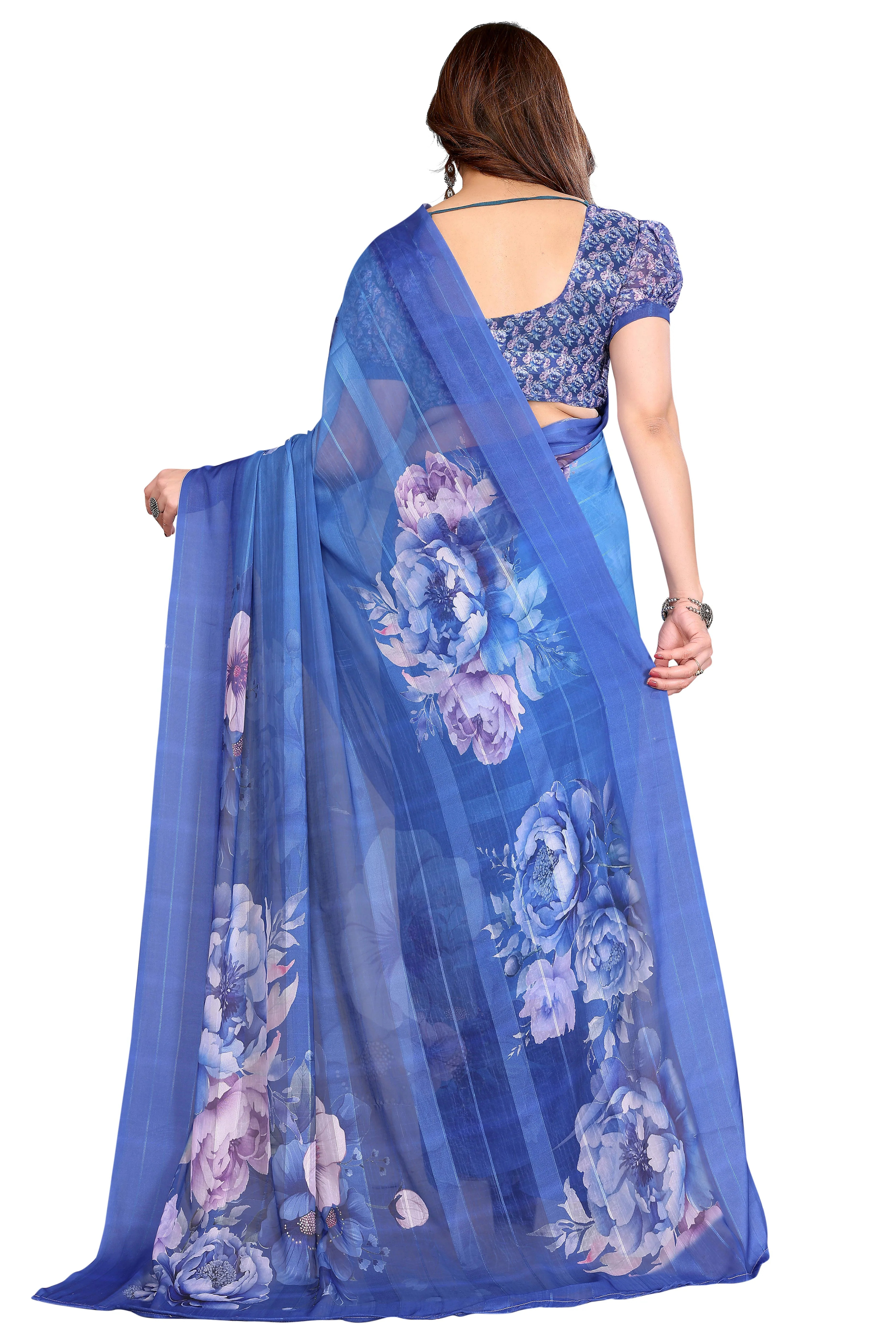 Graceful Blue Floral Digital Print Georgette Saree Featuring Zari Work & Vibrant Striped - Image 5