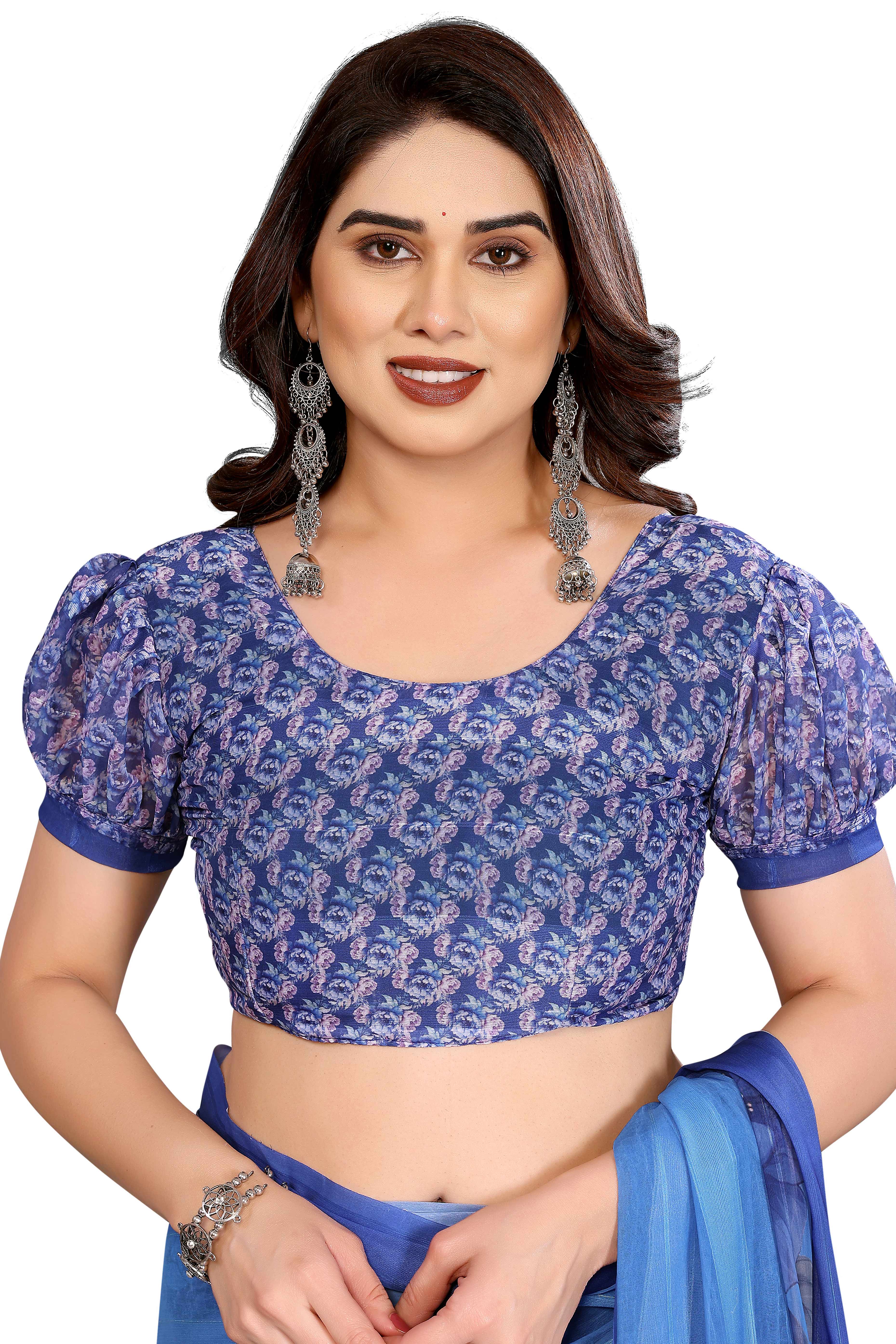 Graceful Blue Floral Digital Print Georgette Saree Featuring Zari Work & Vibrant Striped - Image 6
