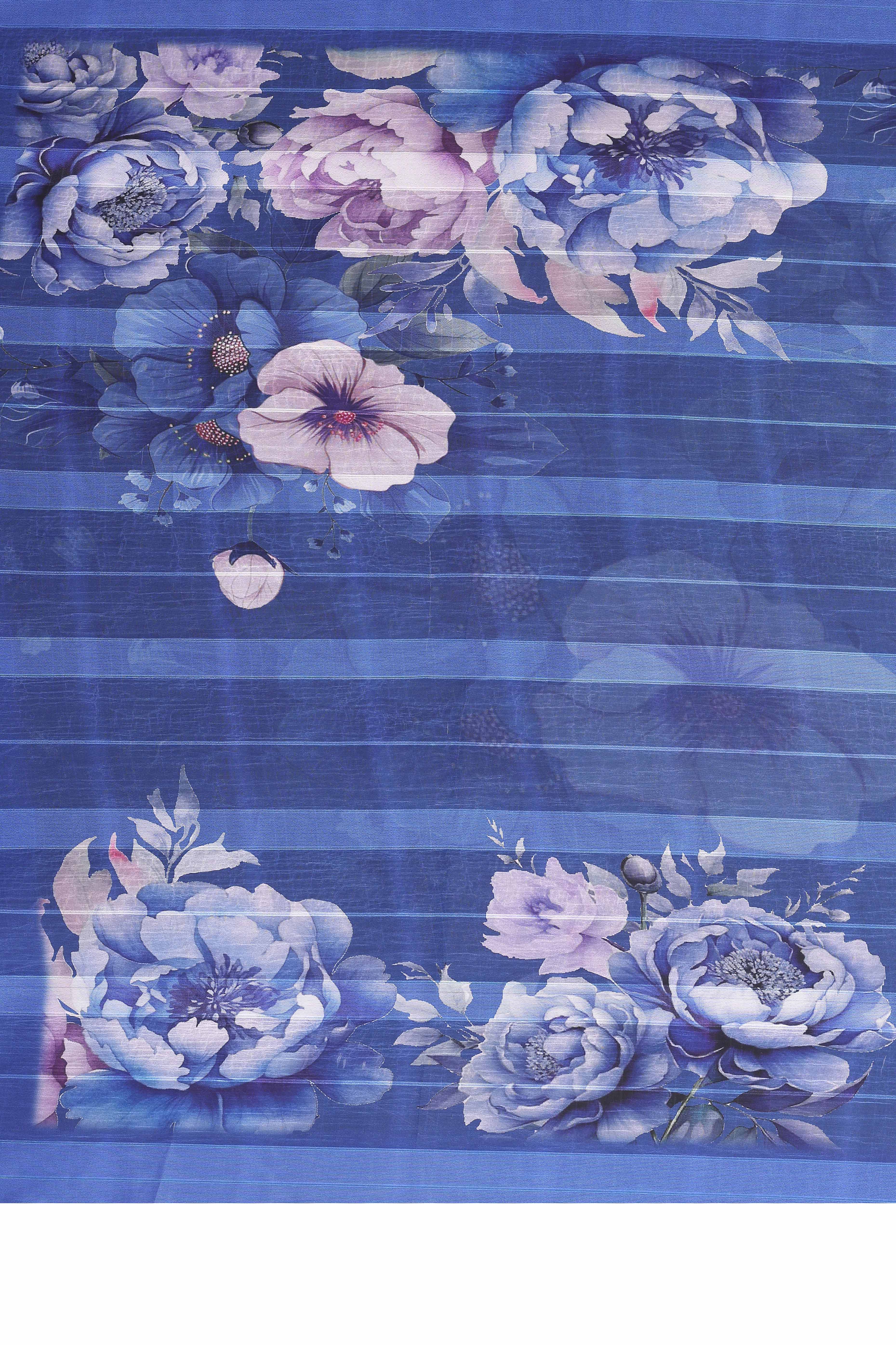 Graceful Blue Floral Digital Print Georgette Saree Featuring Zari Work & Vibrant Striped - Image 7