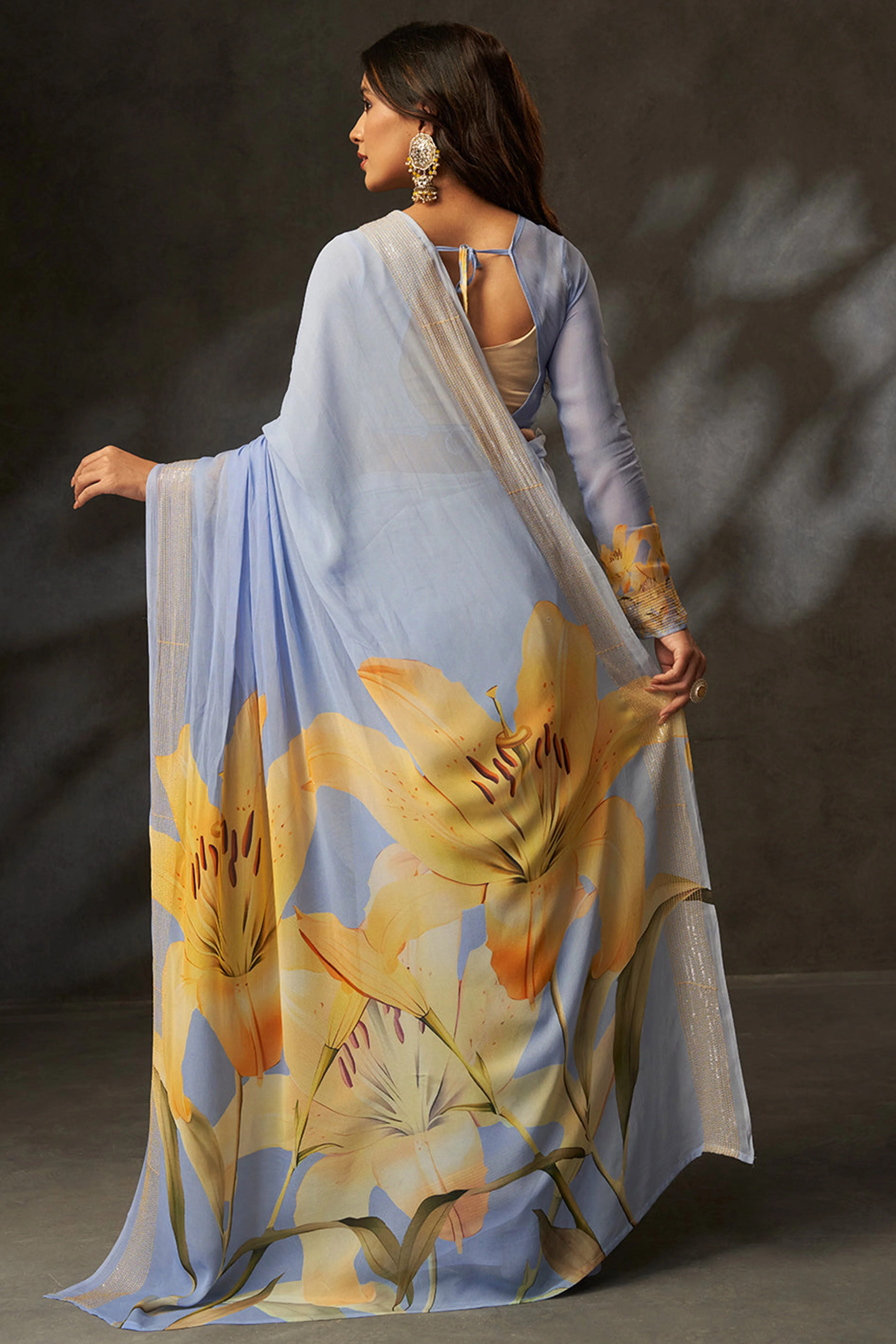 Graceful Blue Floral Digital Print Saree in Georgette With Artistic Crochet Border Work - Image 3