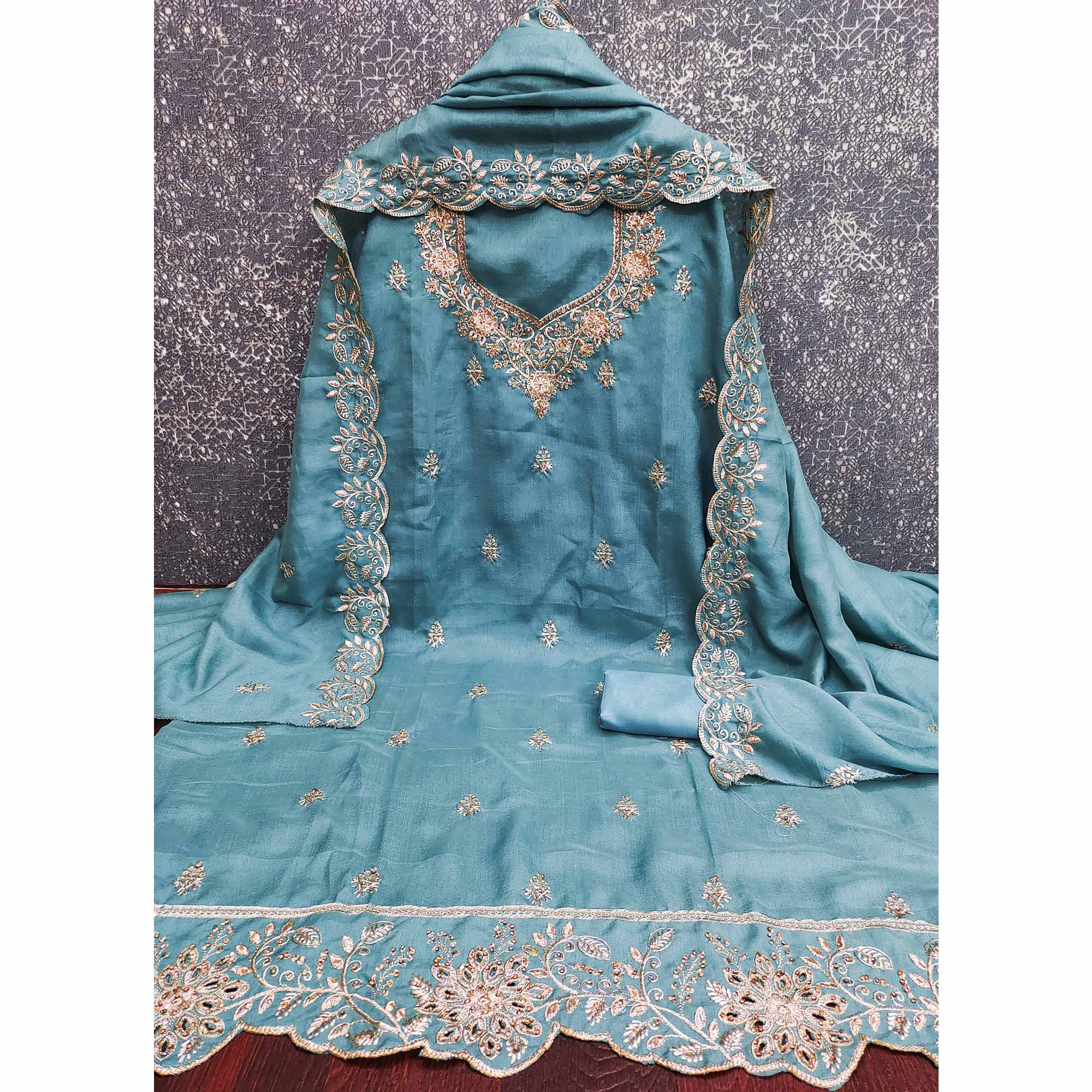 Graceful Blue Floral Embroidered Vichitra Silk Dress Material Enhanced With Diamond Work - Image 3