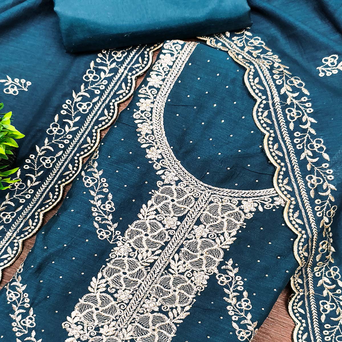 Graceful Blue Floral Embroidered Vichitra Silk Dress Material Enhanced With Sparkling Swarovski - Image 2