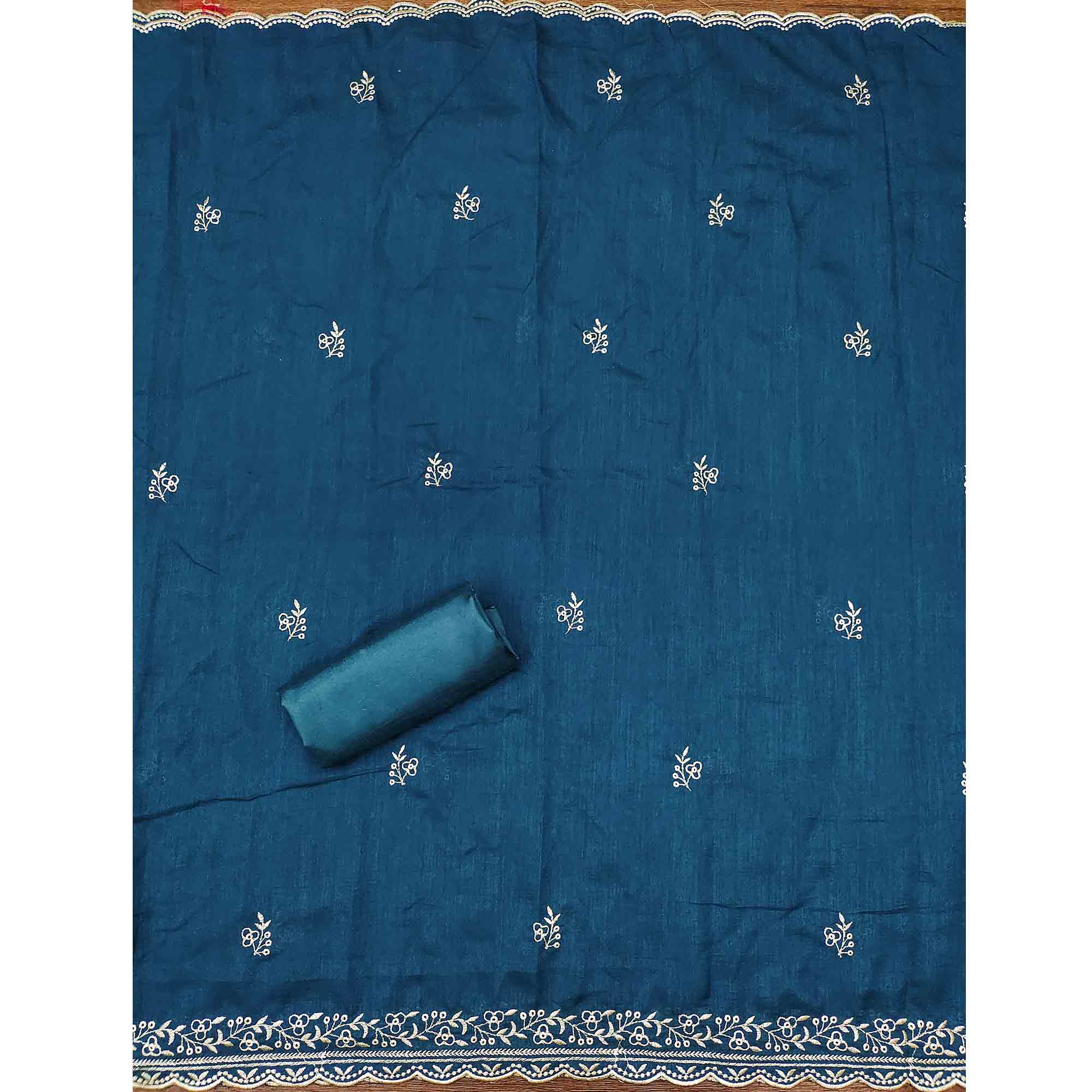 Graceful Blue Floral Embroidered Vichitra Silk Dress Material Enhanced With Sparkling Swarovski - Image 4