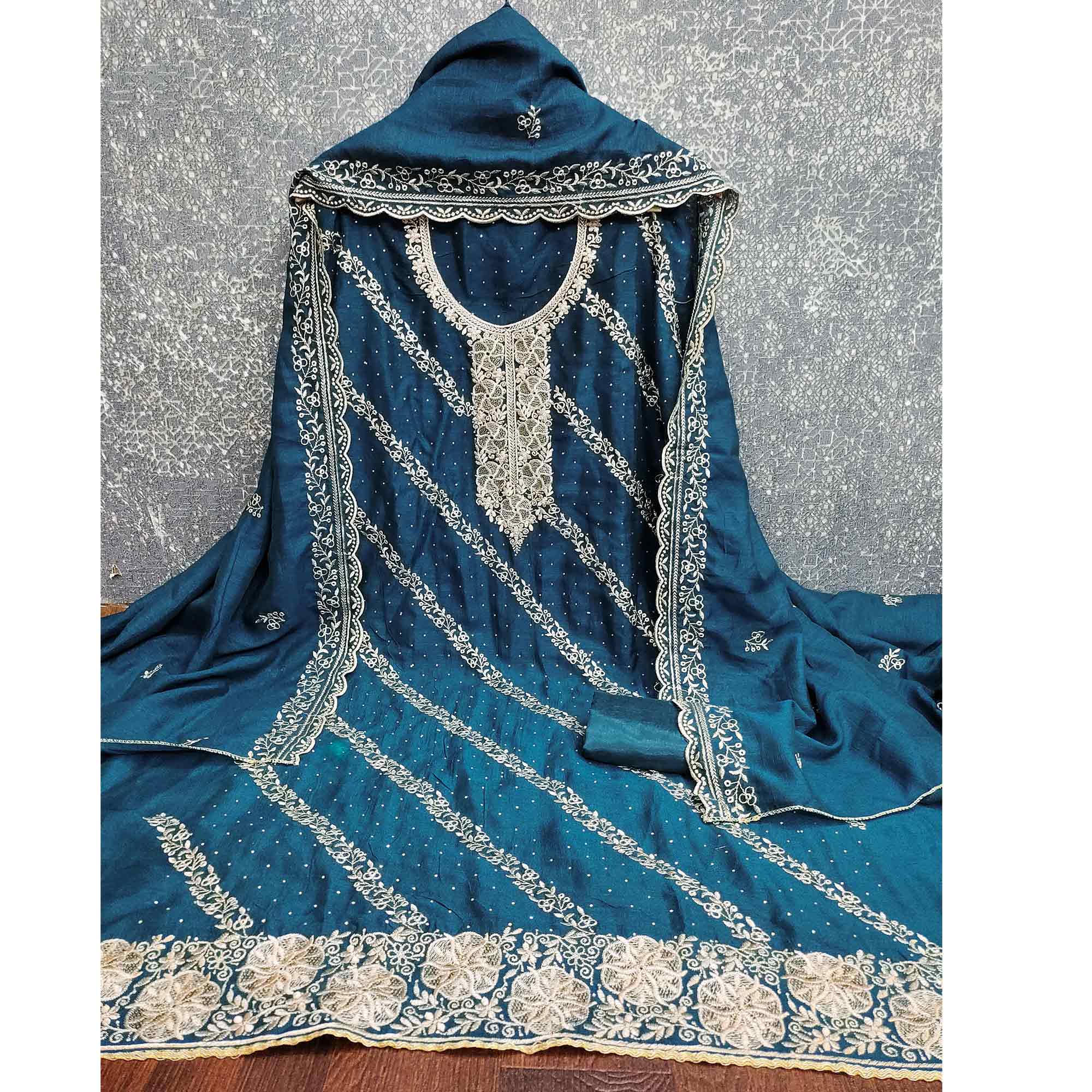 Graceful Blue Floral Embroidered Vichitra Silk Dress Material Enhanced With Sparkling Swarovski - Image 5