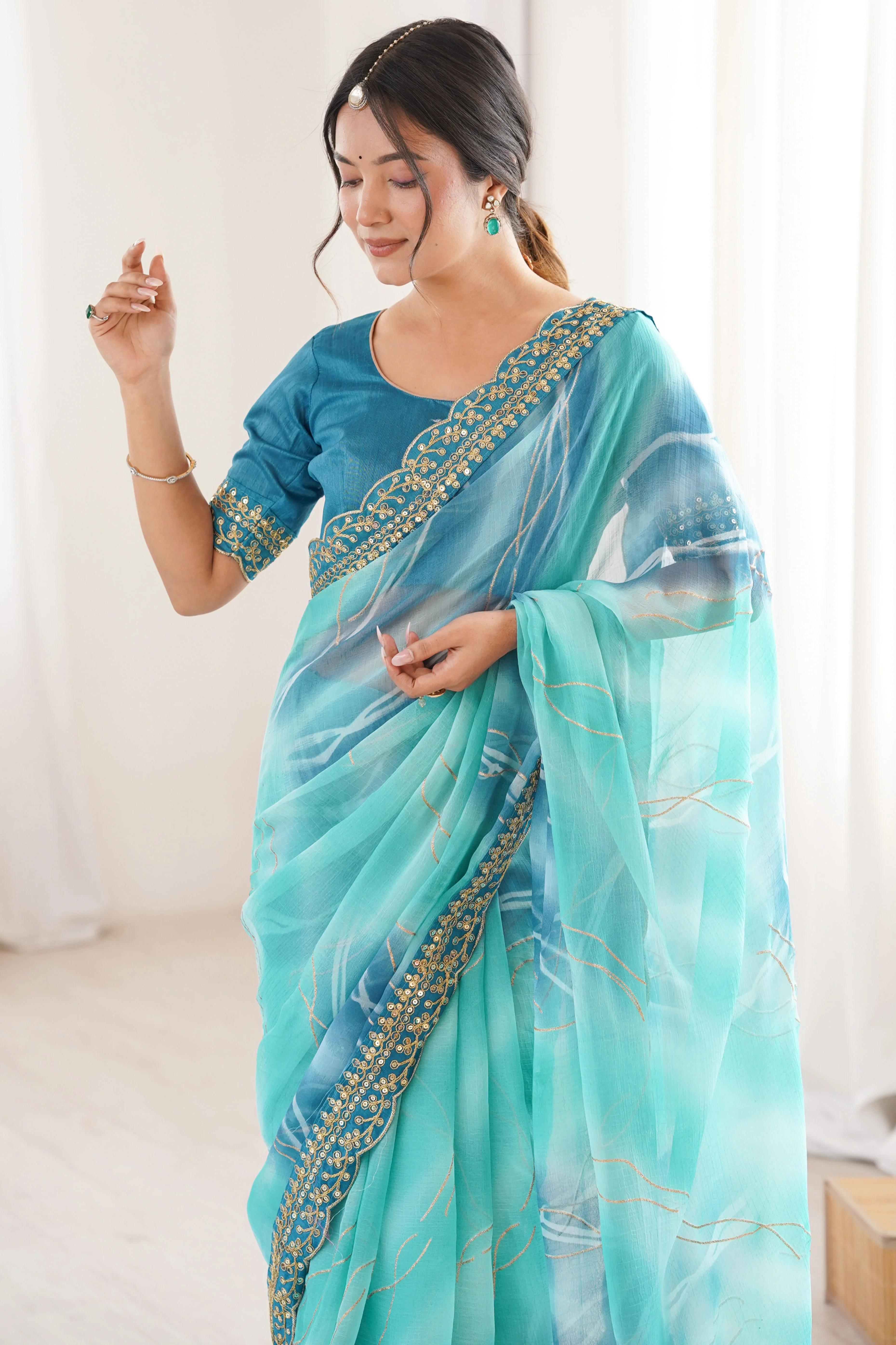 Graceful Blue Foil Print Georgette Saree Featuring A Luxurious Cording Sequins Embroidered Border - Image 8