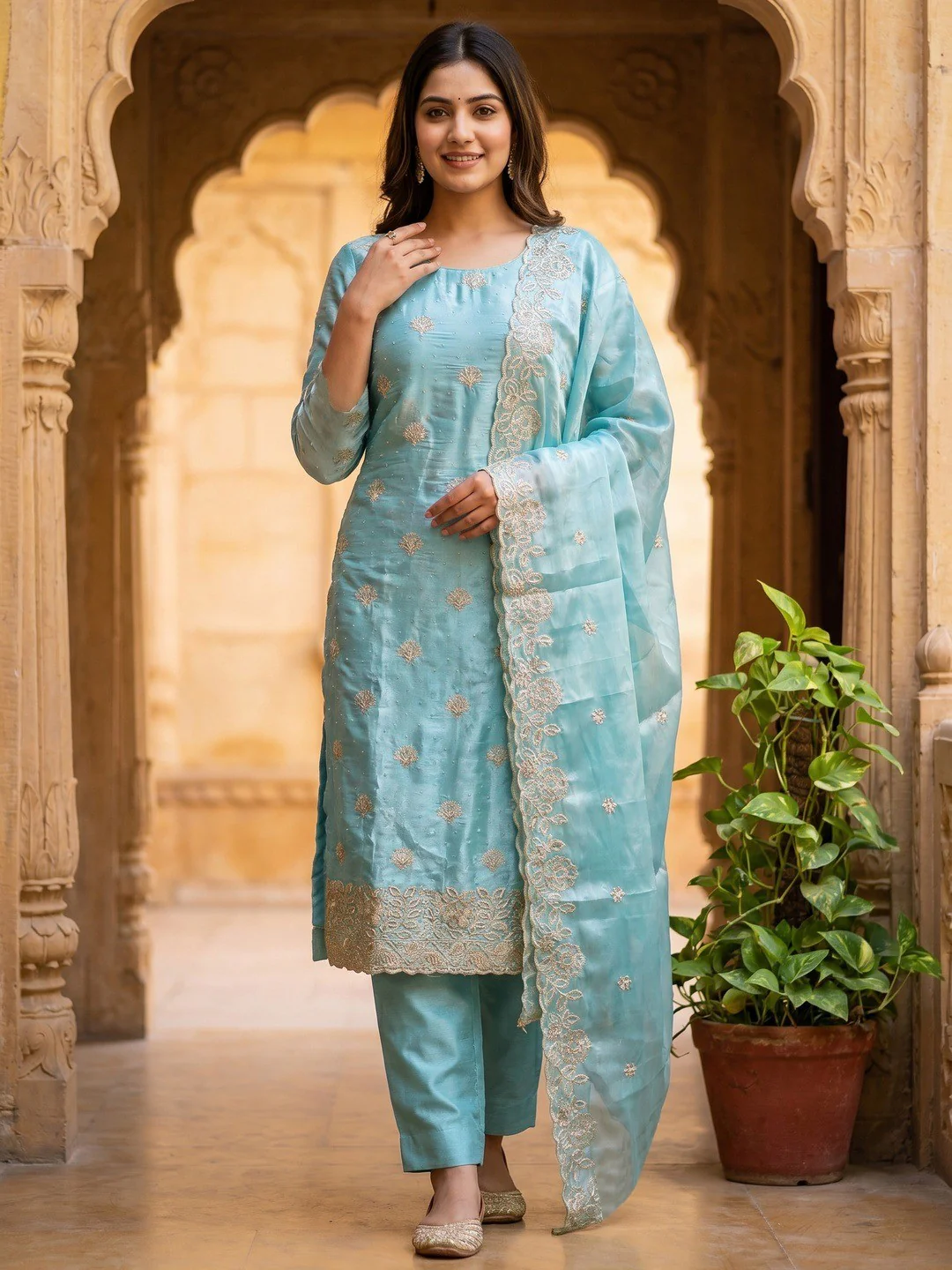 Graceful Blue Jimmy Choo Silk Blend Dress Material Featuring Floral Embroidery & Swarovski Work
