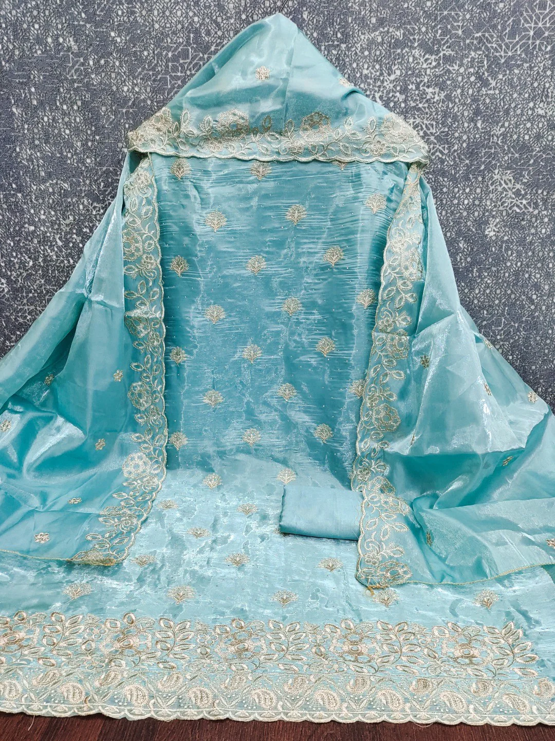 Graceful Blue Jimmy Choo Silk Blend Dress Material Featuring Floral Embroidery & Swarovski Work - Image 3