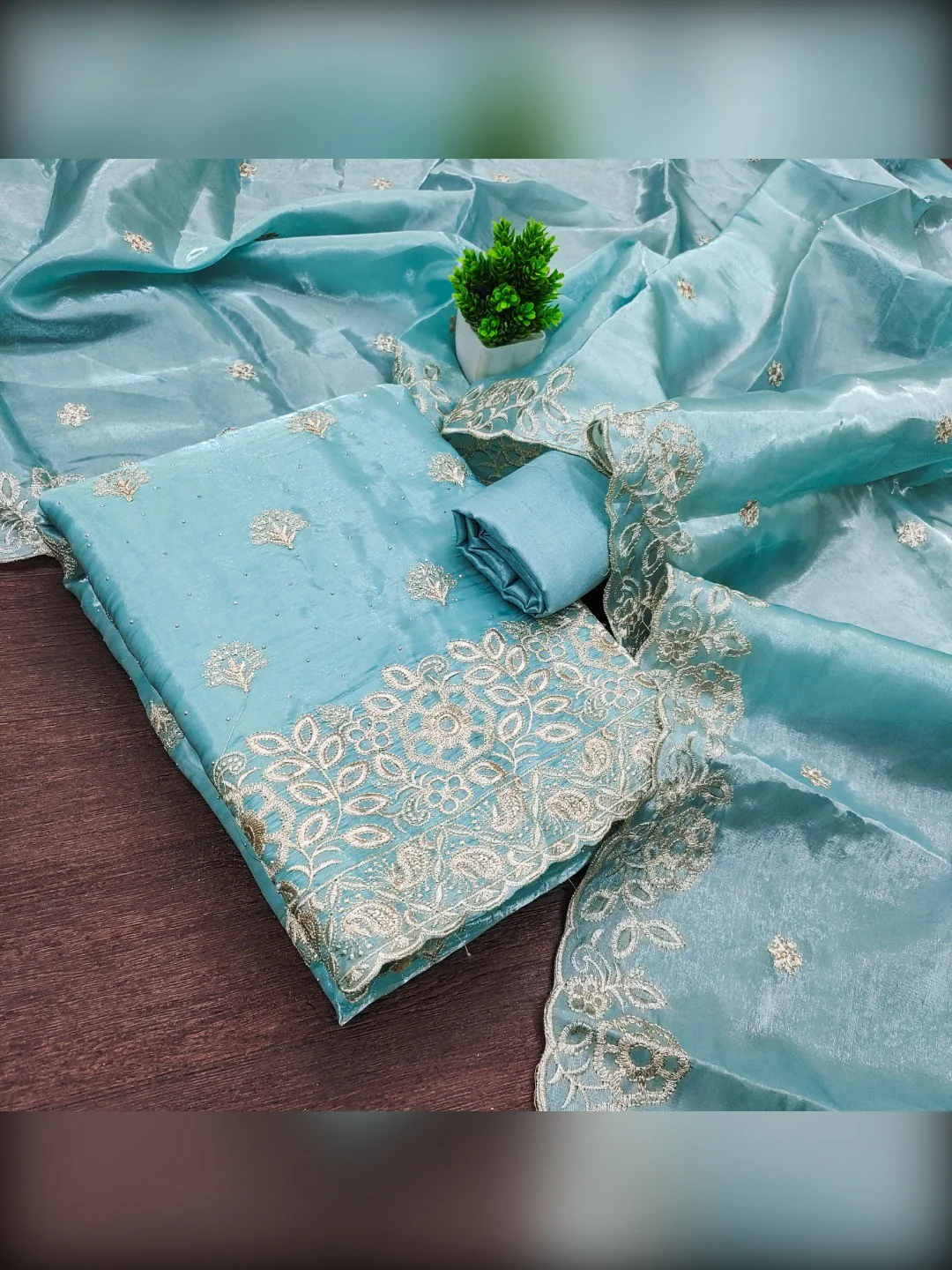 Graceful Blue Jimmy Choo Silk Blend Dress Material Featuring Floral Embroidery & Swarovski Work - Image 6