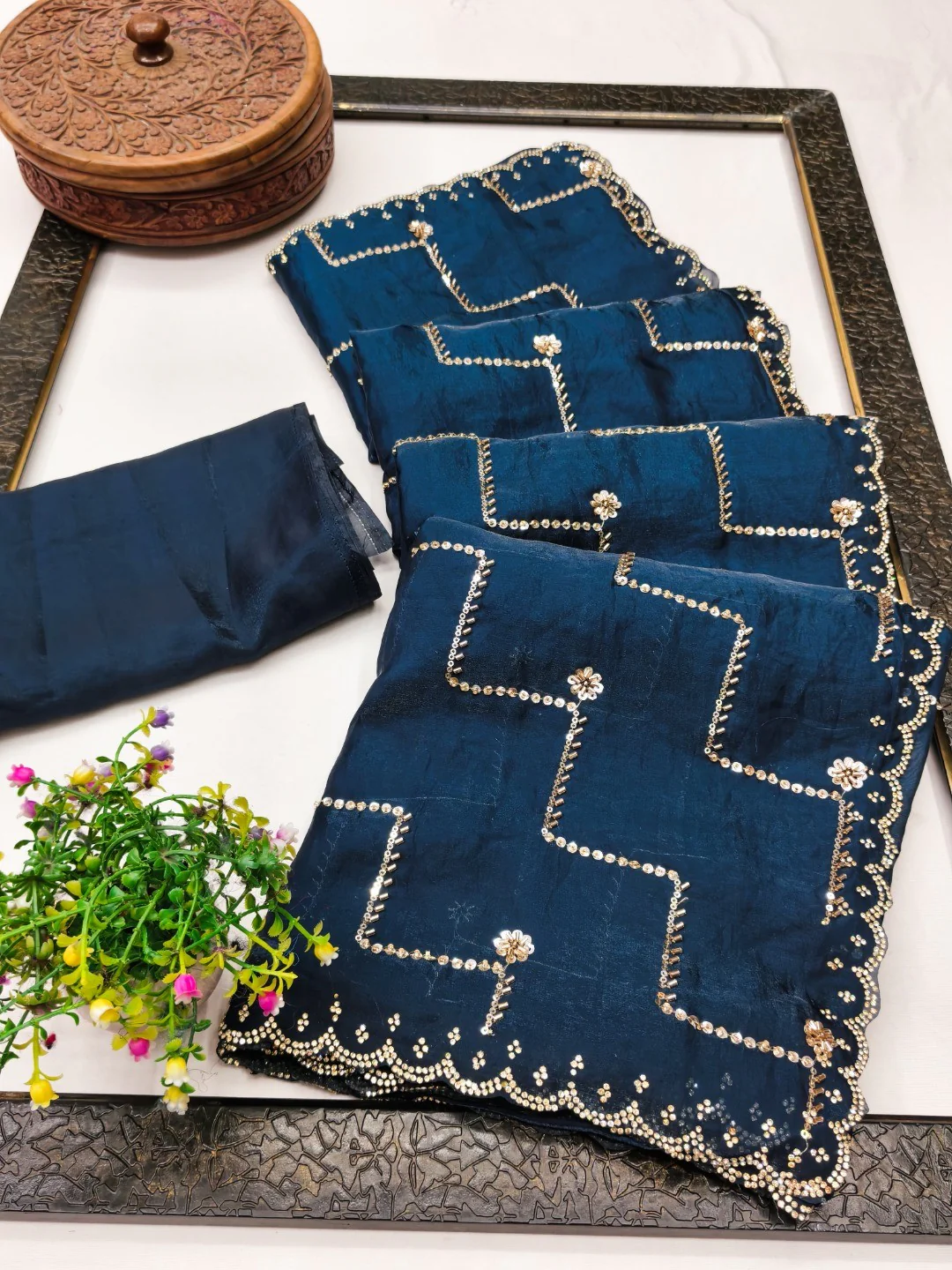 Graceful Blue Sequins With Detailed Beads & Stone Work Organza Satin Silk Saree - Image 3