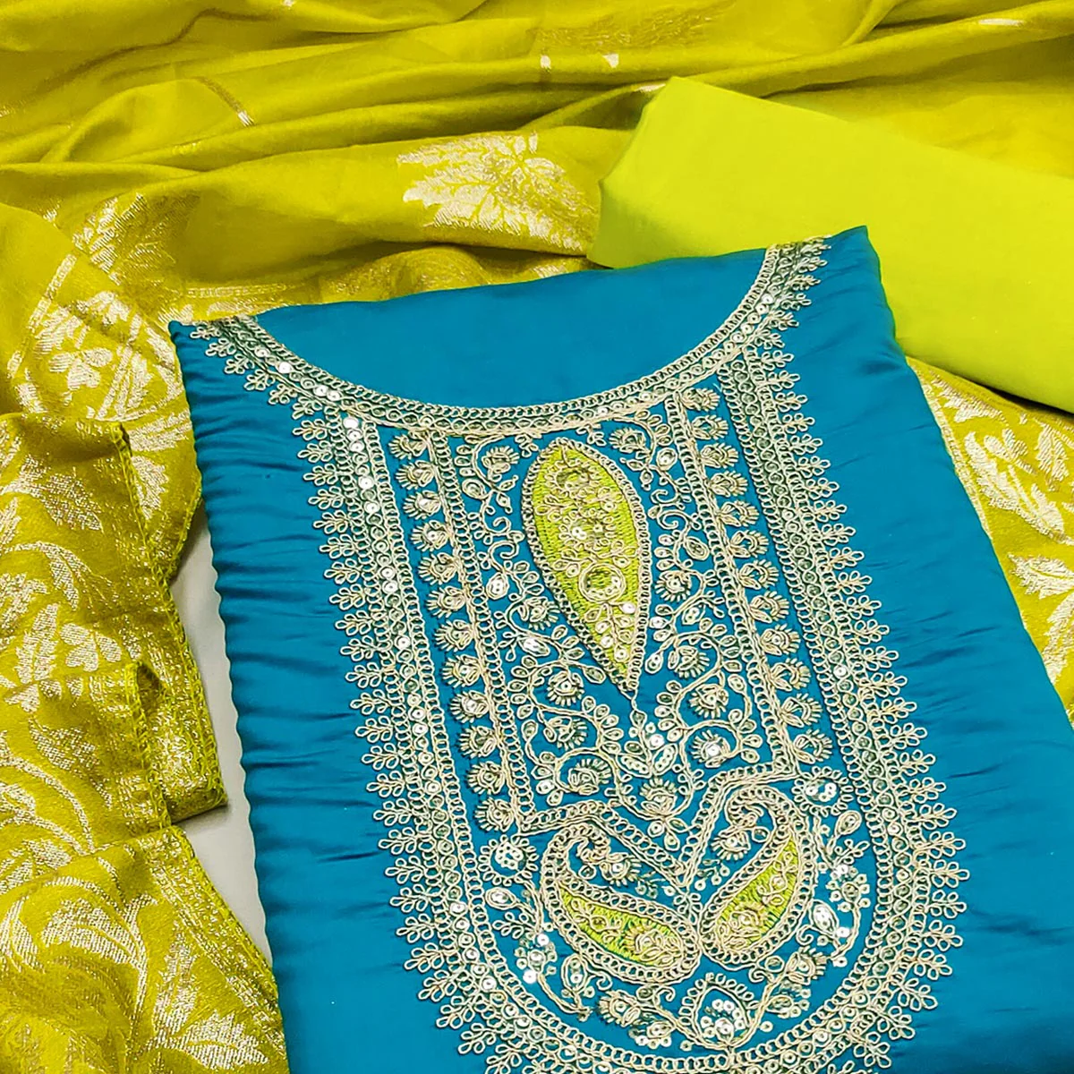 Graceful Blue Silk Blend Dress Material Featuring Floral Cording Embroidery With Sequins Detailing - Image 2
