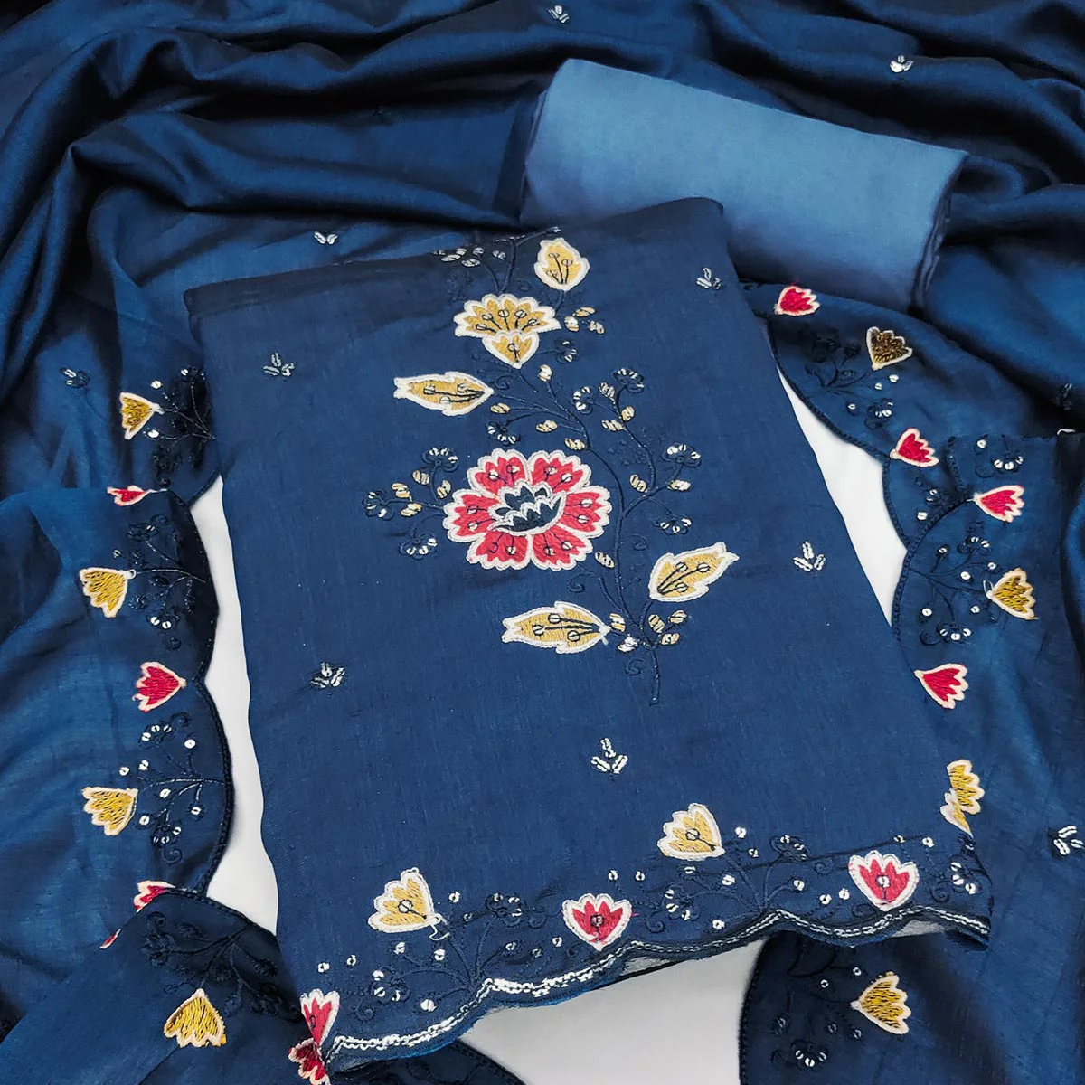 Graceful Blue Vichitra Silk Dress Material Adorned With Floral Thread Embroidery & Sequins Work - Image 2