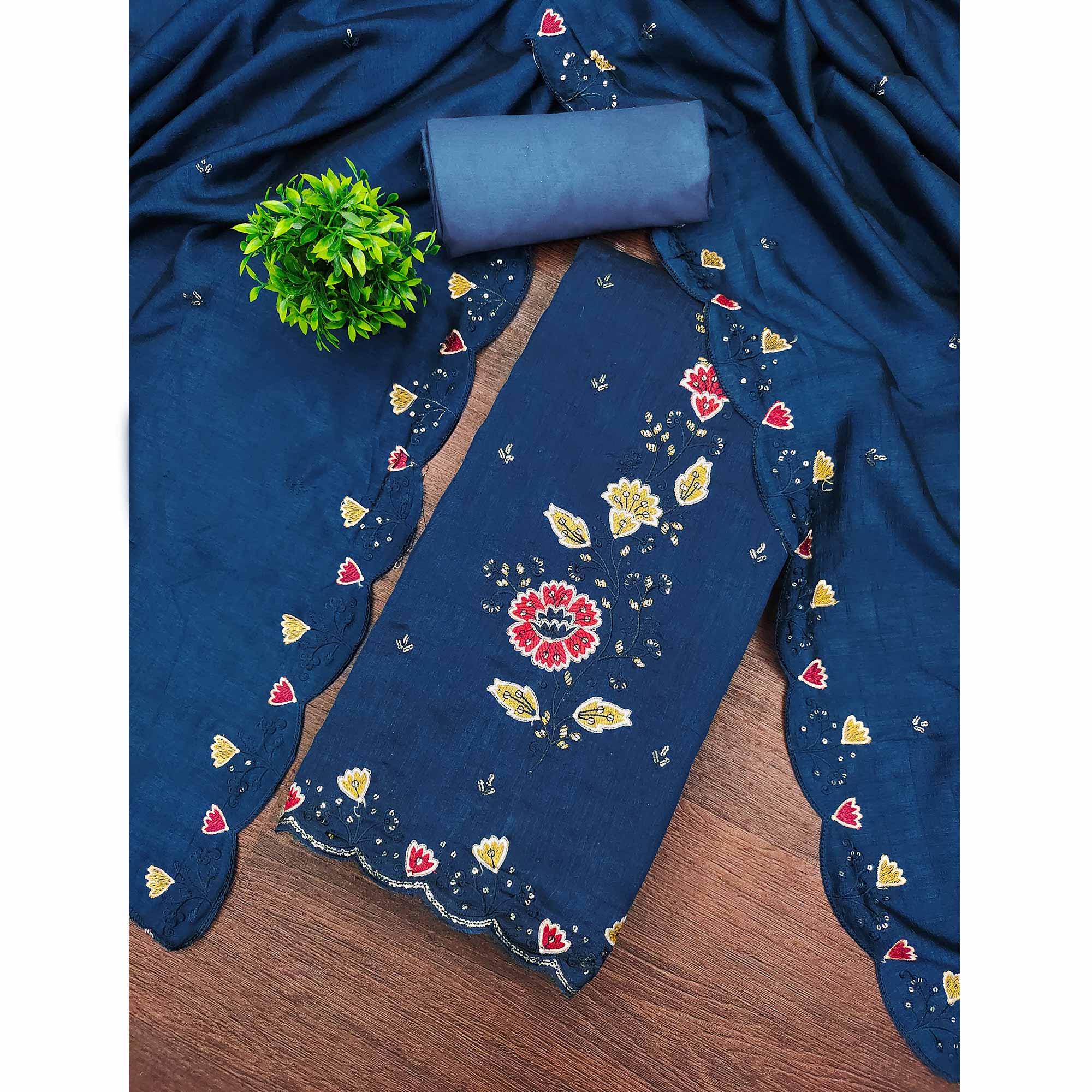 Graceful Blue Vichitra Silk Dress Material Adorned With Floral Thread Embroidery & Sequins Work - Image 3