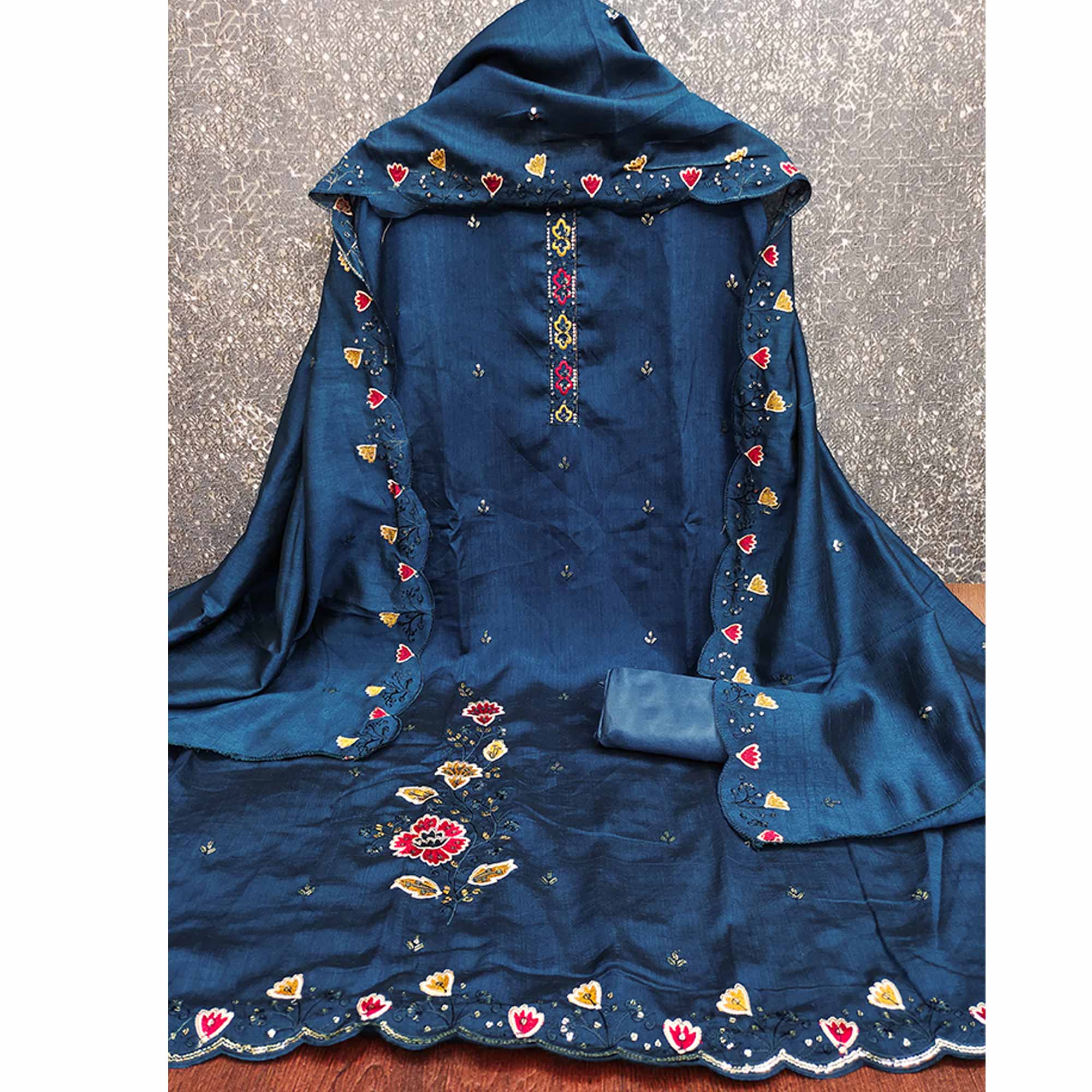 Graceful Blue Vichitra Silk Dress Material Adorned With Floral Thread Embroidery & Sequins Work - Image 4