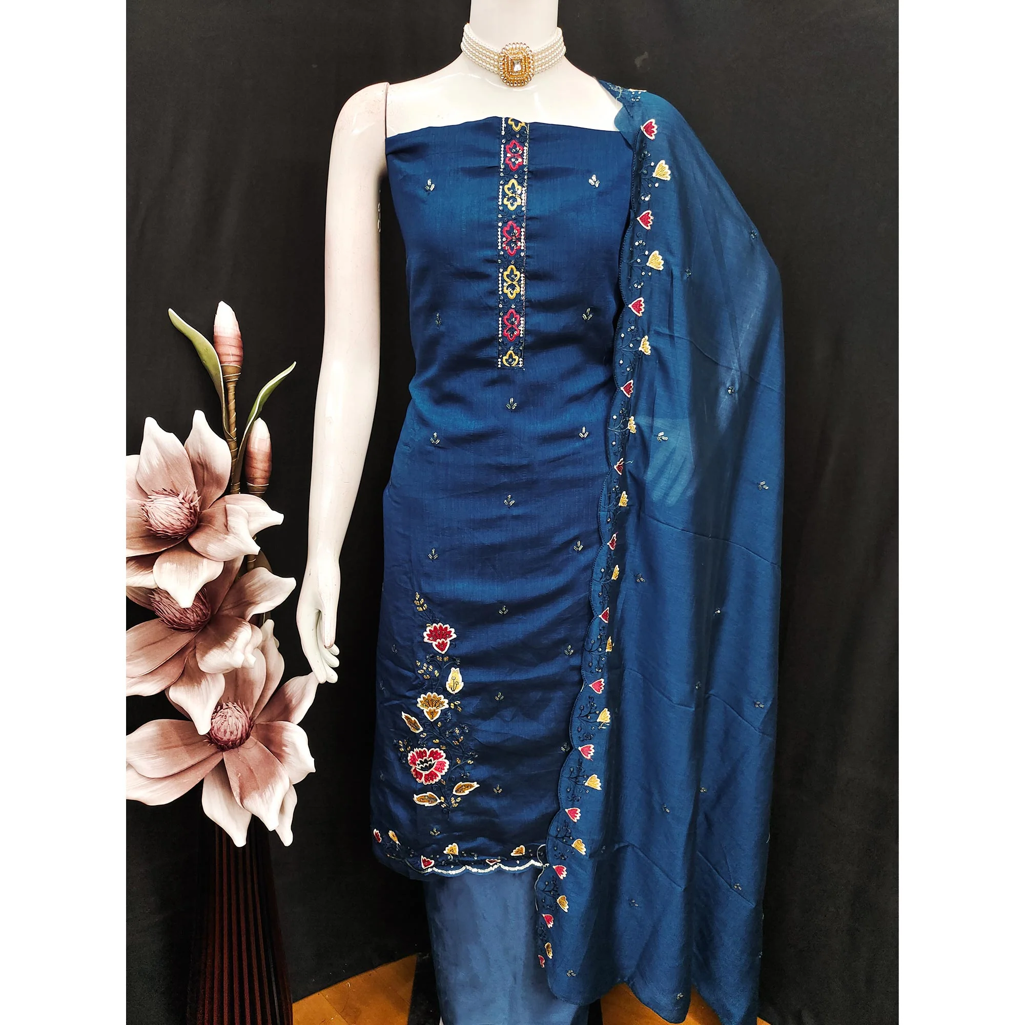Graceful Blue Vichitra Silk Dress Material Adorned With Floral Thread Embroidery & Sequins Work - Image 5