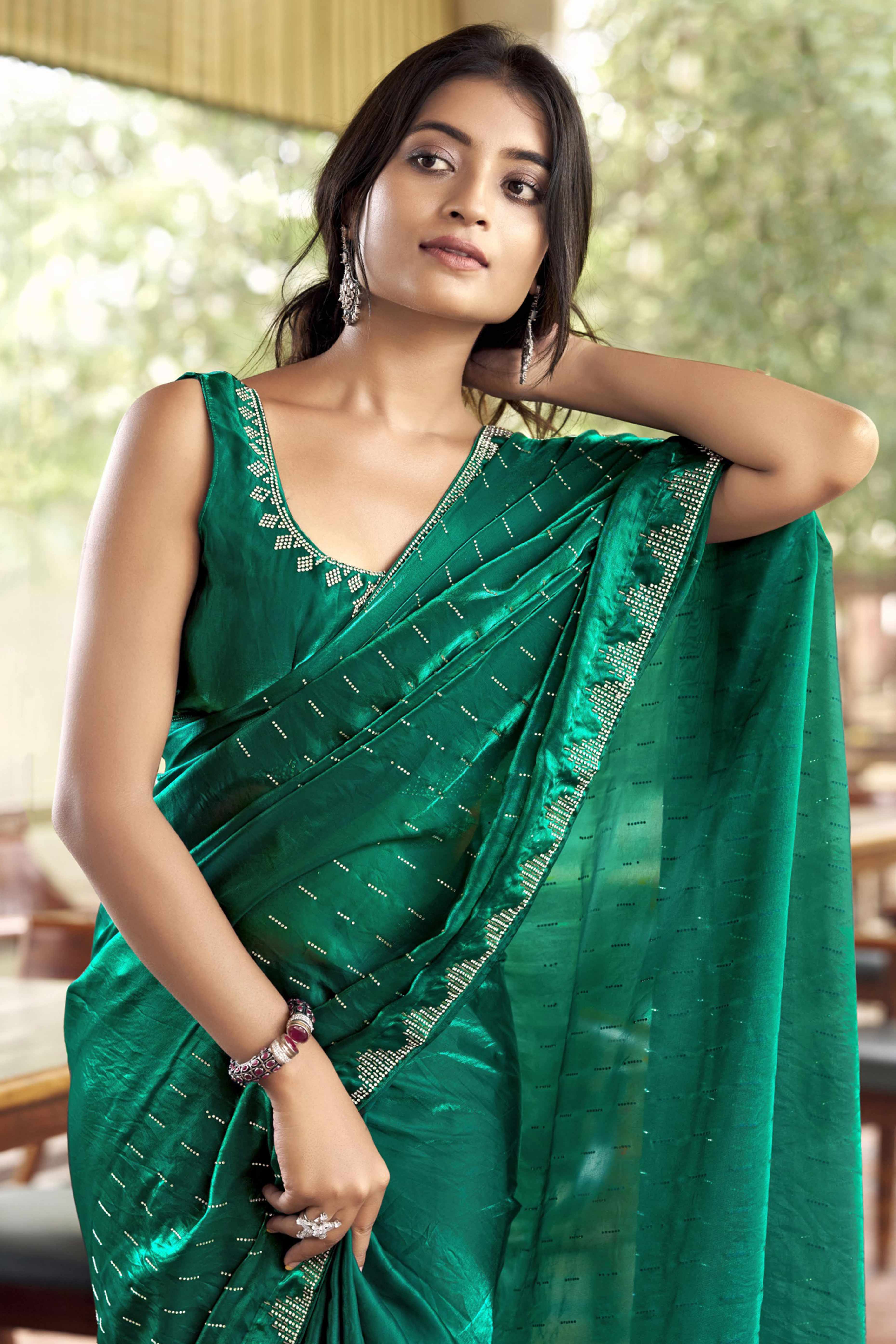 Graceful Bottle Green Nylon Partywear Saree Adorned with Exquisite Stone Work - Image 3