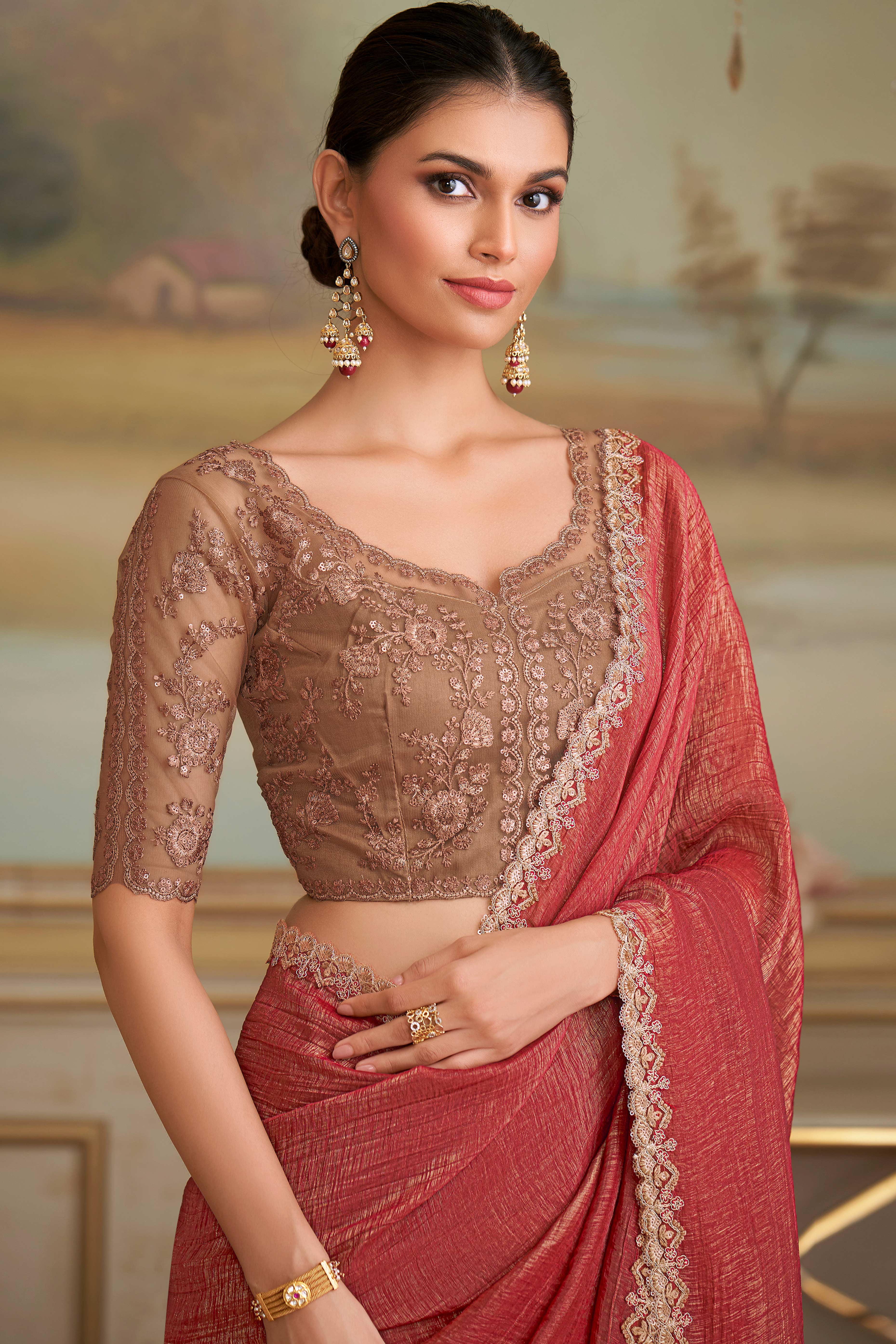 Graceful Brick Red Georgette Saree Adorned With Floral Sequins Embroidered Lace Border Work - Image 3