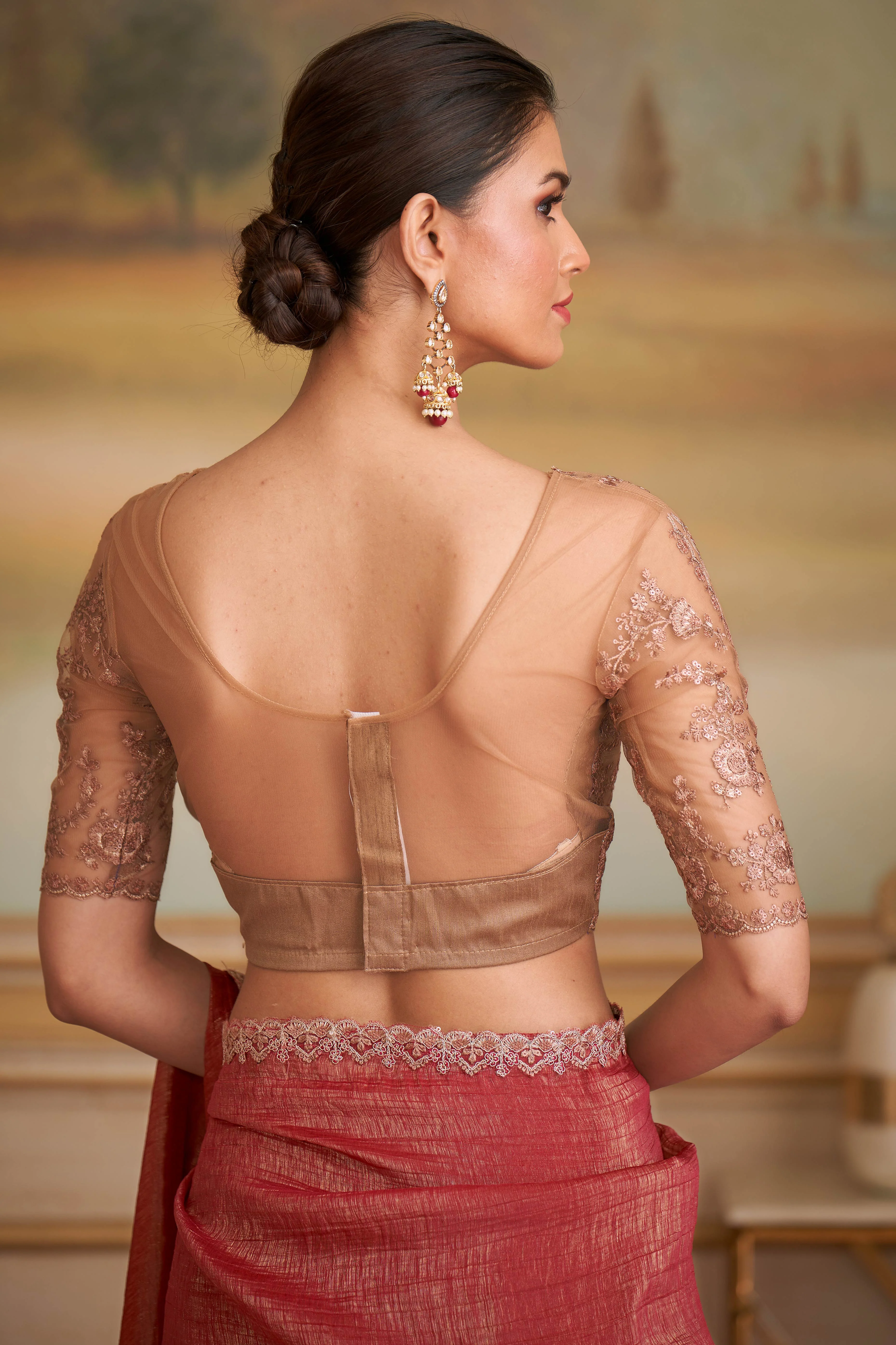Graceful Brick Red Georgette Saree Adorned With Floral Sequins Embroidered Lace Border Work - Image 5