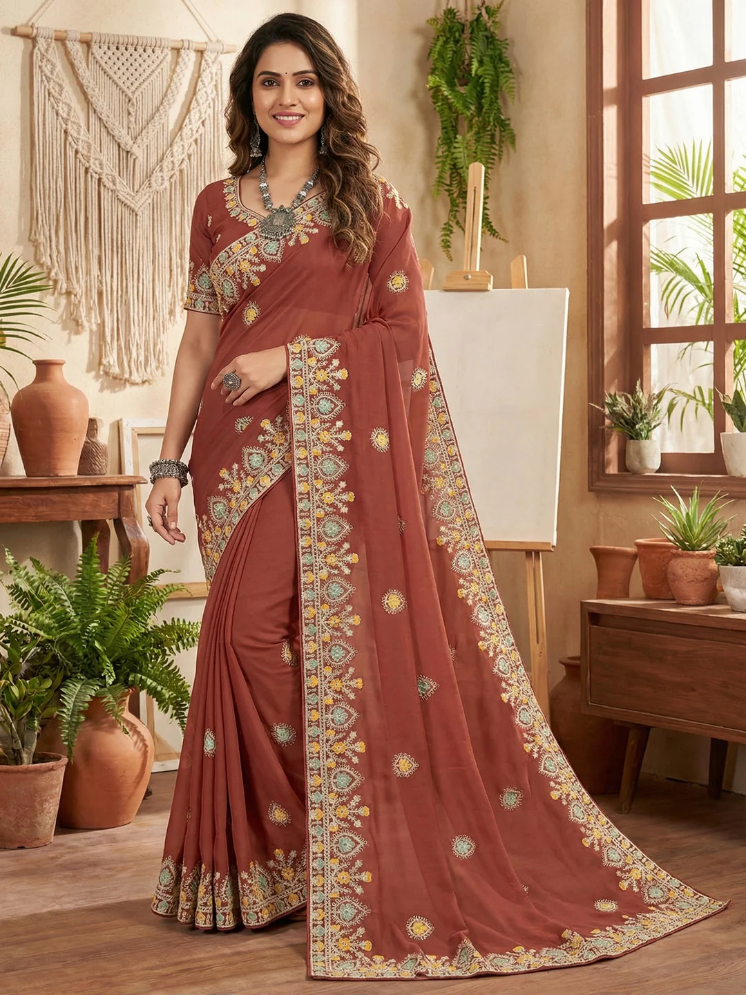 Graceful Brown Georgette Silk Saree with Premium Embroidered Work & Blouse
