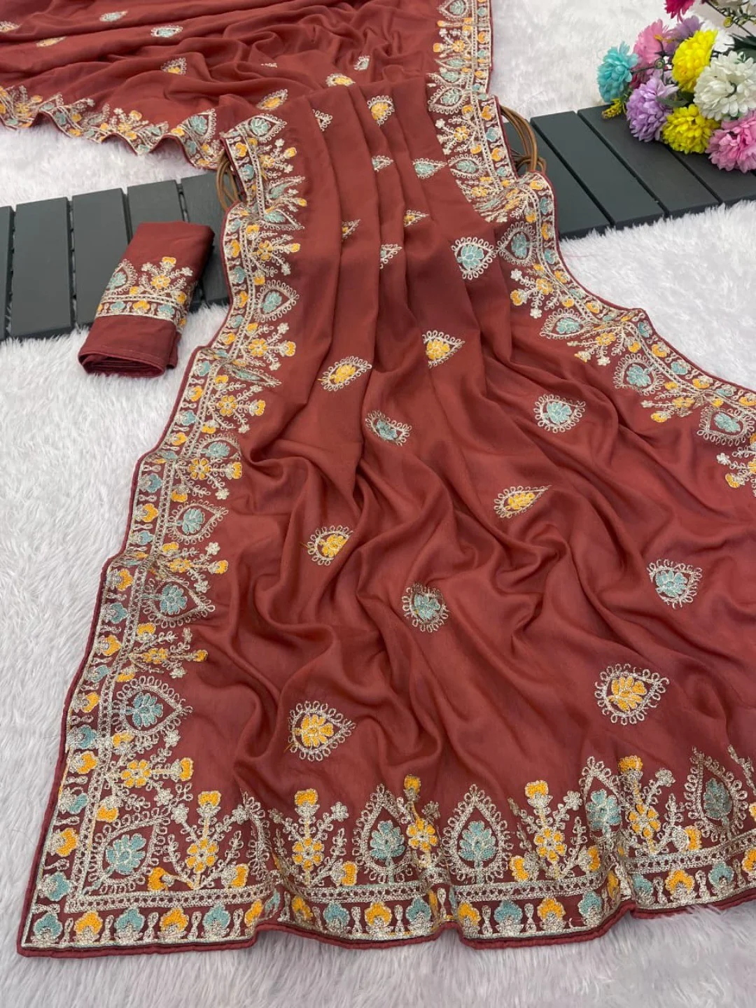 Graceful Brown Georgette Silk Saree with Premium Embroidered Work & Blouse - Image 9