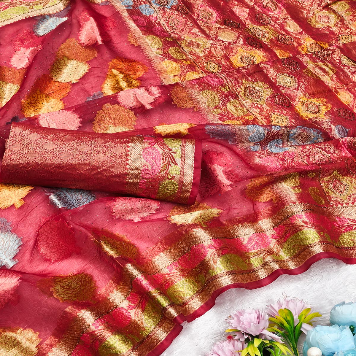 Graceful Cherry Red Banarasi Silk Saree Enhanced With Tree Motif Zari Weaving & Stone Work - Image 2