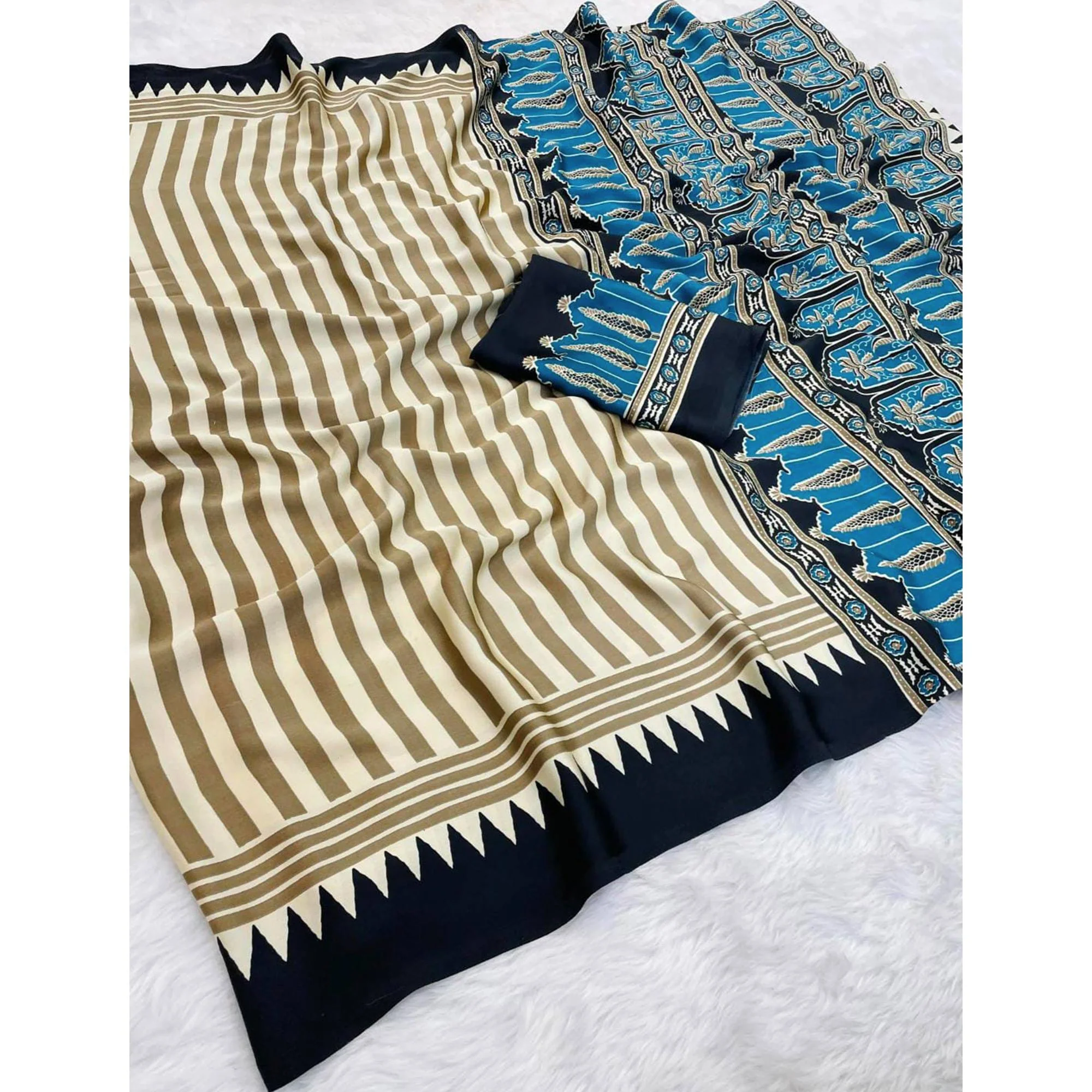 Graceful Chikoo & Black Crepe Silk Blend Saree Adorned with Bold Striped Print Work - Image 3