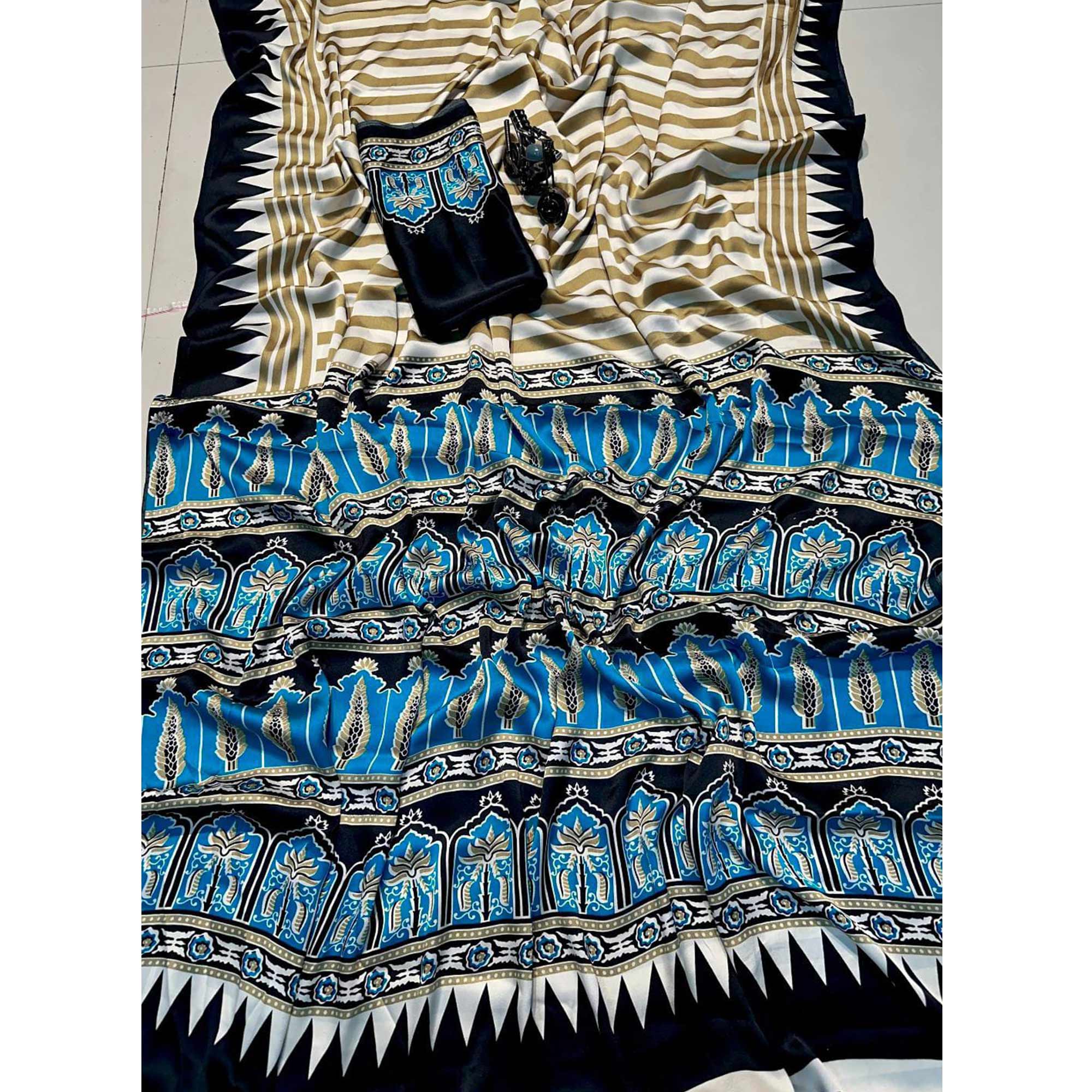 Graceful Chikoo & Black Crepe Silk Blend Saree Adorned with Bold Striped Print Work - Image 4