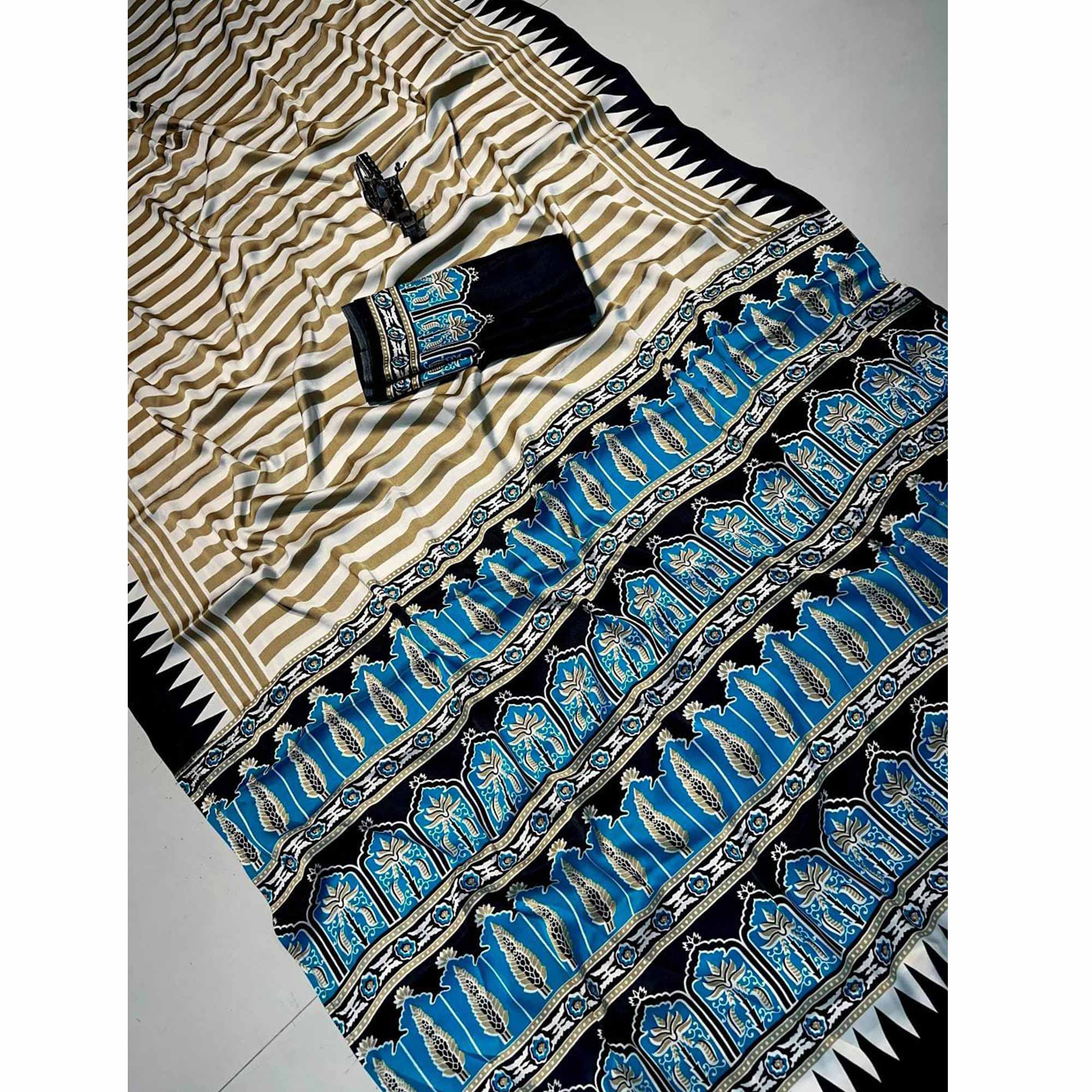 Graceful Chikoo & Black Crepe Silk Blend Saree Adorned with Bold Striped Print Work - Image 5
