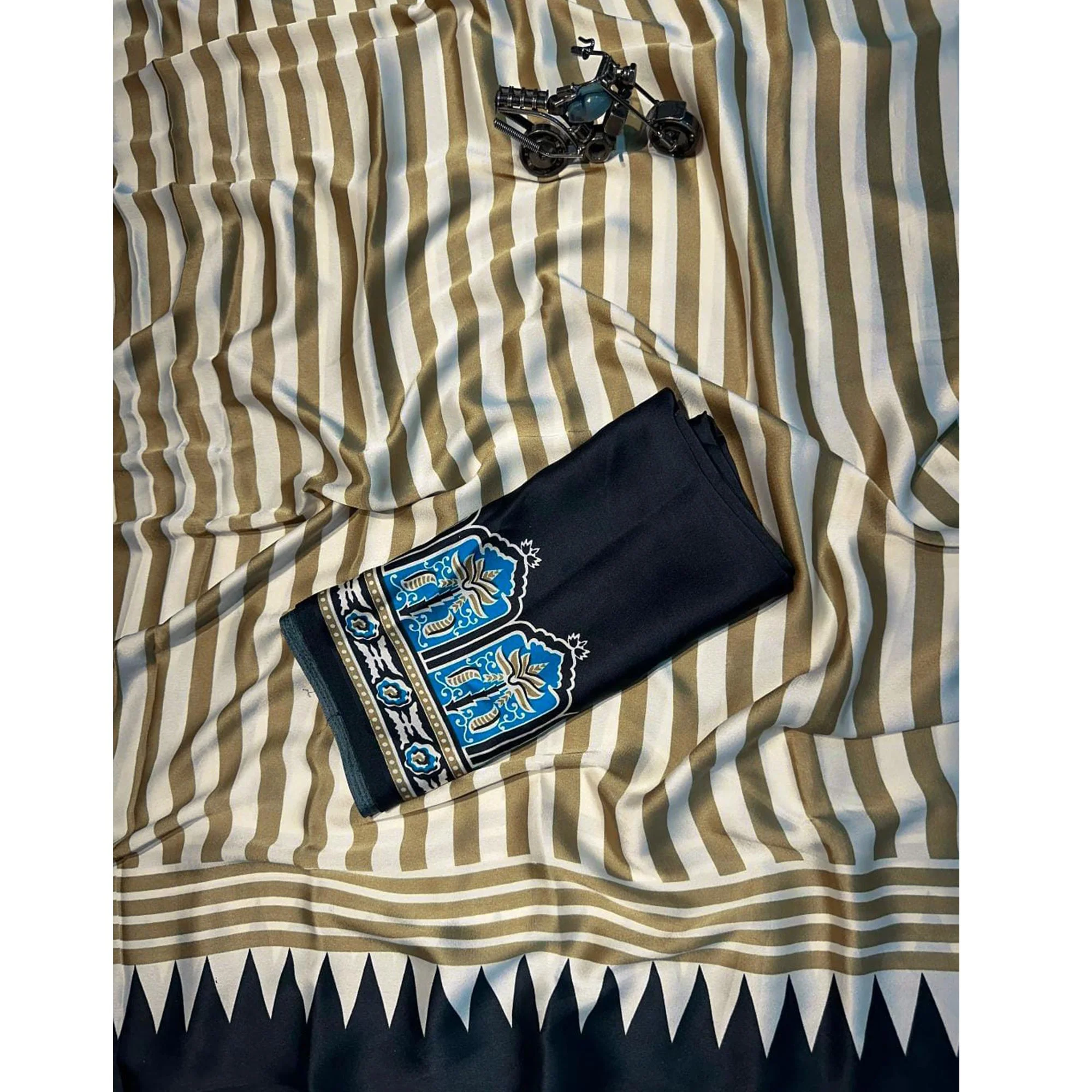 Graceful Chikoo & Black Crepe Silk Blend Saree Adorned with Bold Striped Print Work - Image 6