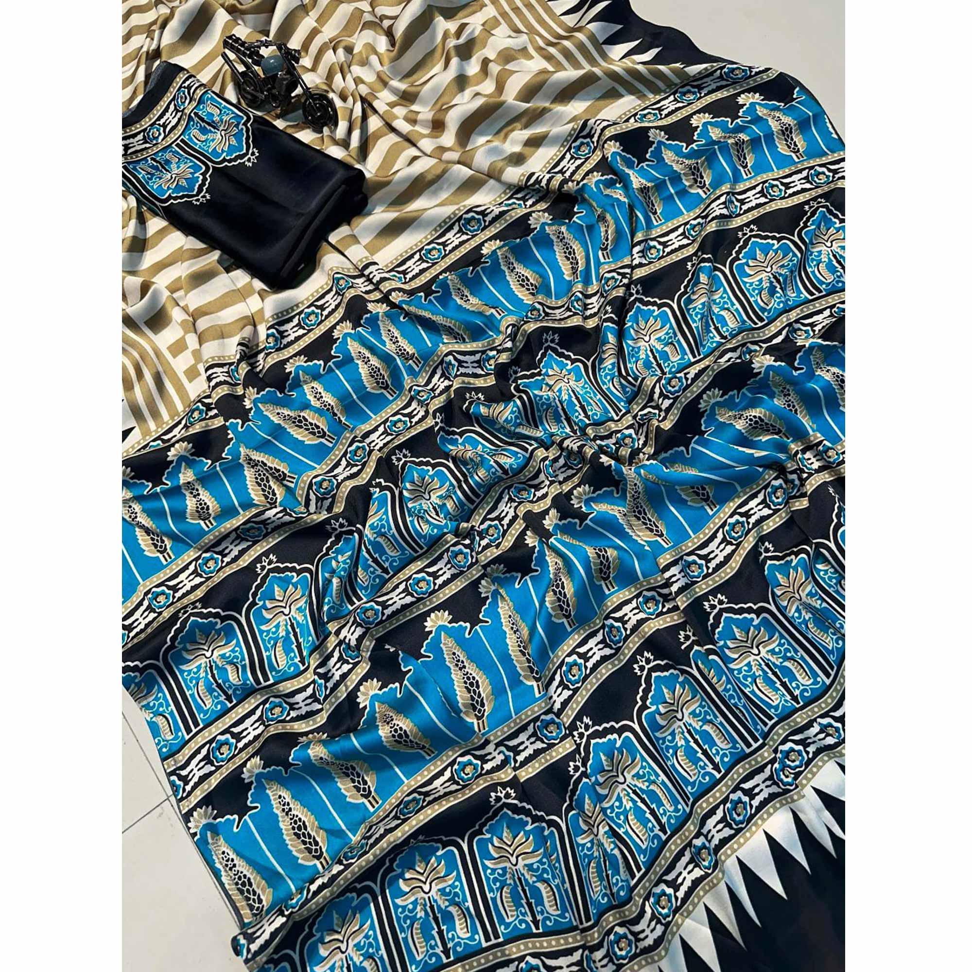 Graceful Chikoo & Black Crepe Silk Blend Saree Adorned with Bold Striped Print Work - Image 7