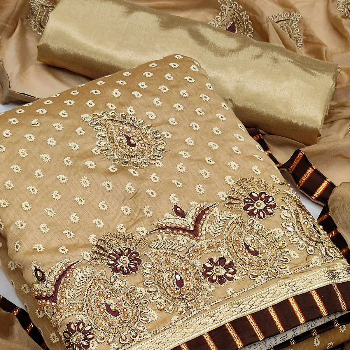Graceful Chikoo Chanderi Silk Dress Material Adorned With Paisley Embroidery & Moti Hand Work - Image 2