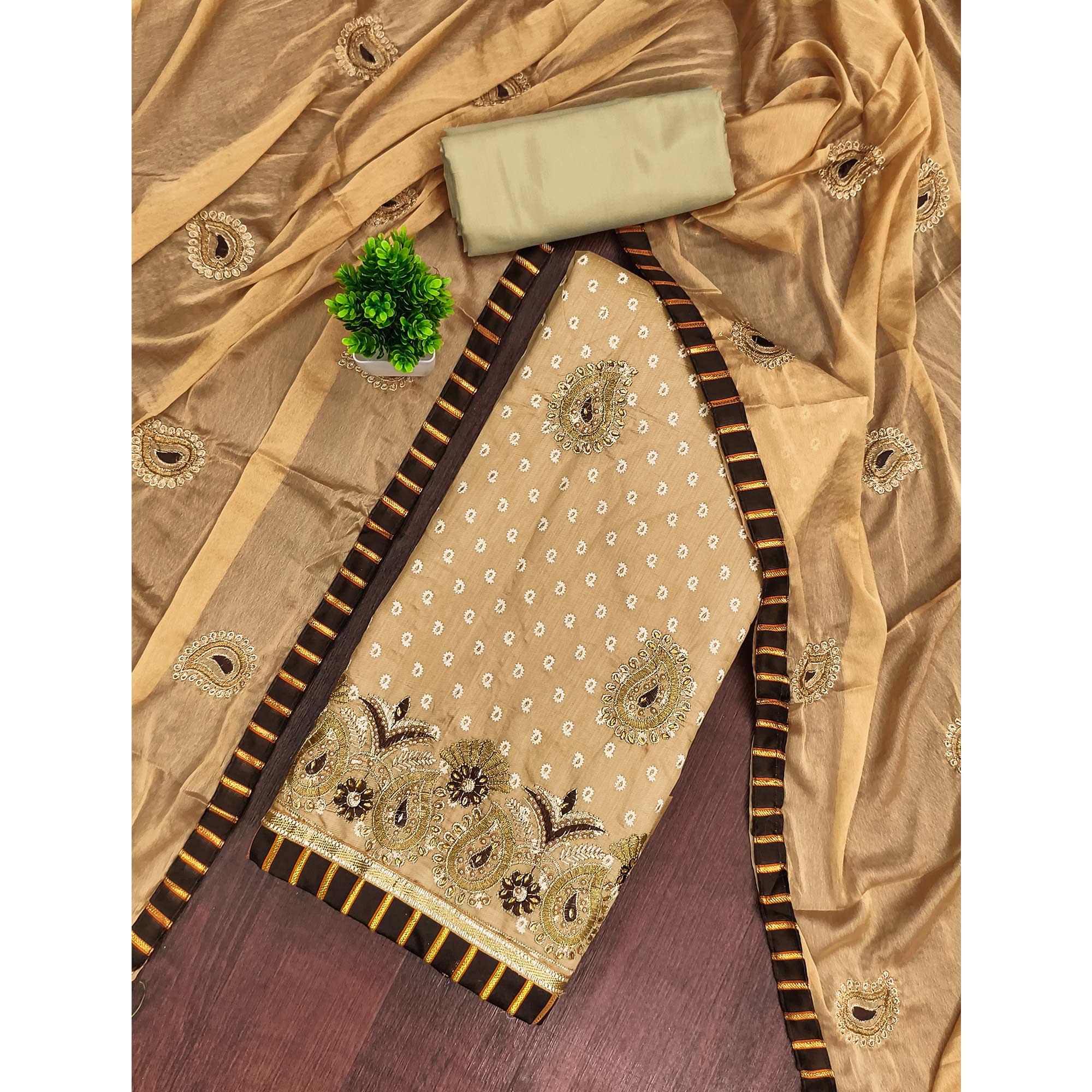 Graceful Chikoo Chanderi Silk Dress Material Adorned With Paisley Embroidery & Moti Hand Work - Image 3