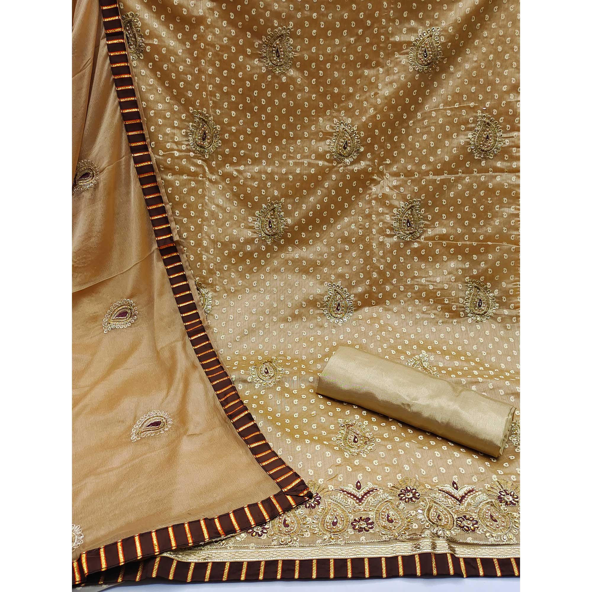 Graceful Chikoo Chanderi Silk Dress Material Adorned With Paisley Embroidery & Moti Hand Work - Image 4
