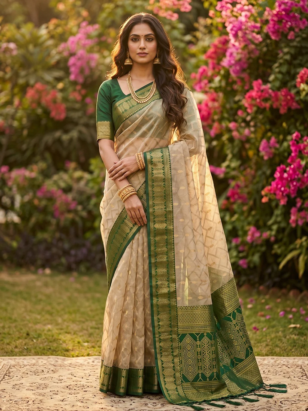 Graceful Chikoo Cotton Silk Saree With Intricate Geometric Zari Weaving & Contrast Green Border Pallu