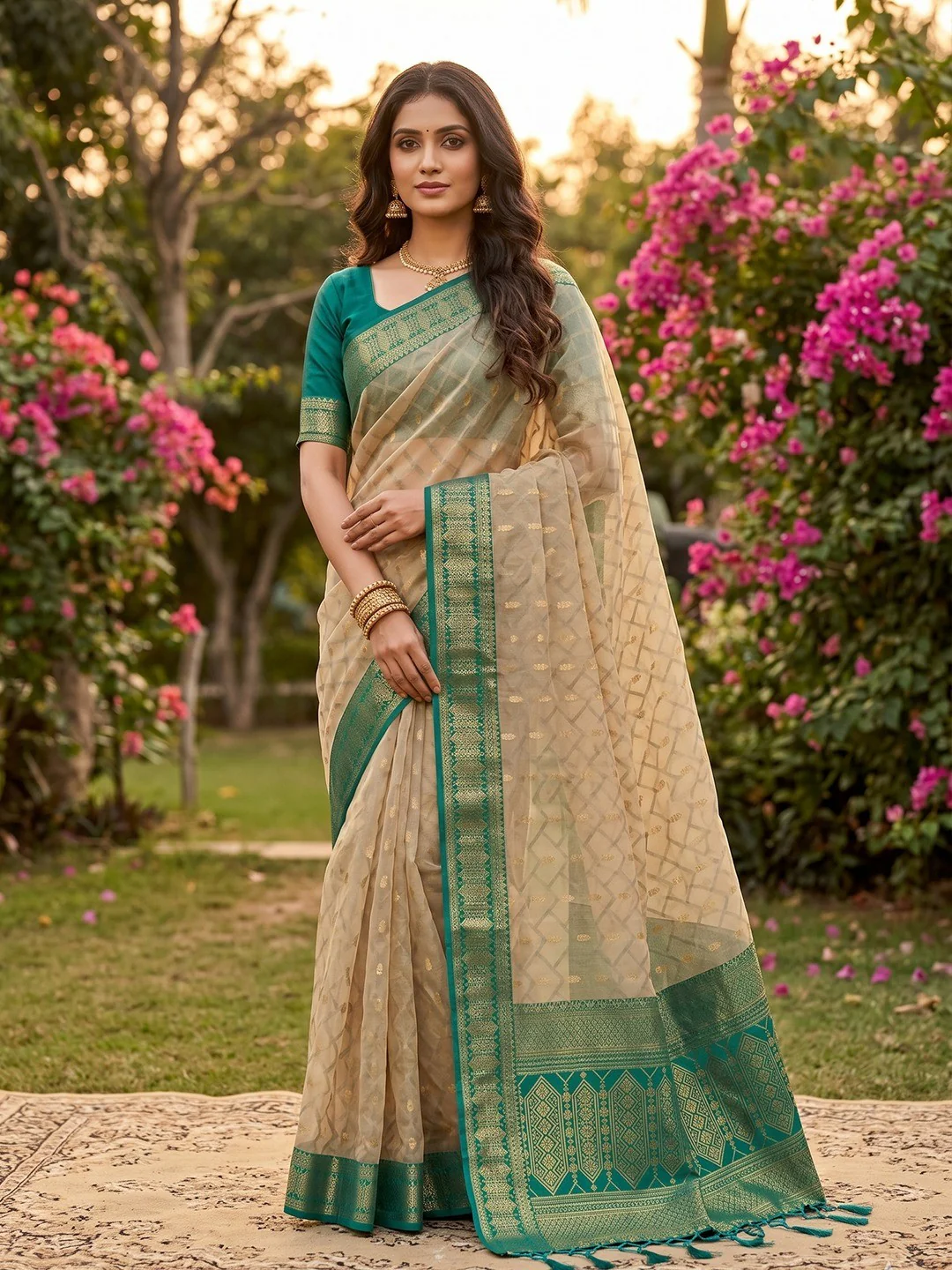 Graceful Chikoo Cotton Silk Saree With Intricate Geometric Zari Weaving & Contrast Rama Blue Border Pallu
