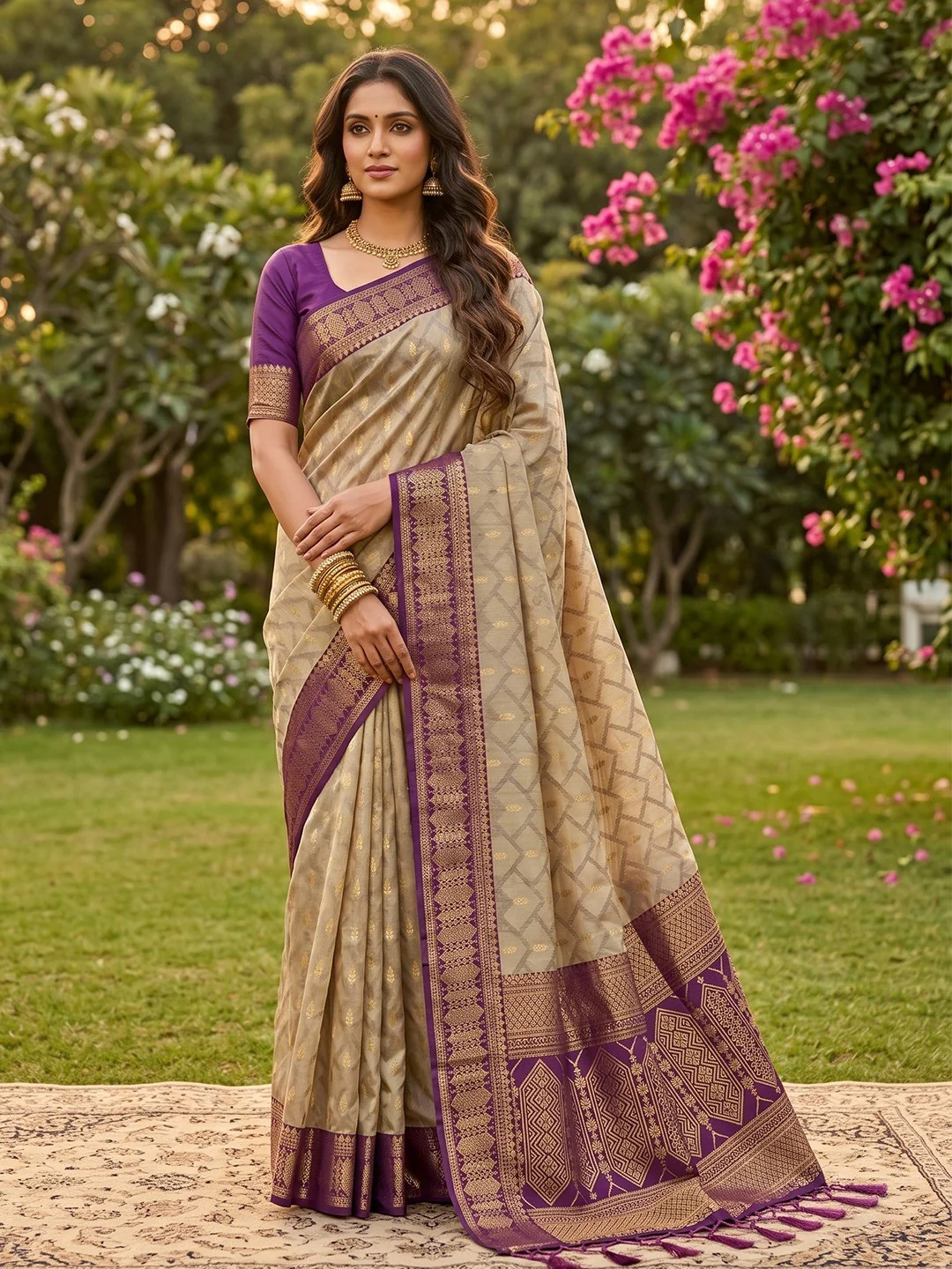 Graceful Chikoo Cotton Silk Saree With Intricate Geometric Zari Weaving & Contrast Wine Border Pallu