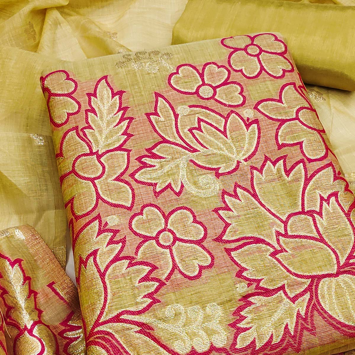 Graceful Chikoo Jamdani Art Silk Dress Material Adorned With Intricate Floral Weaving Work - Image 2