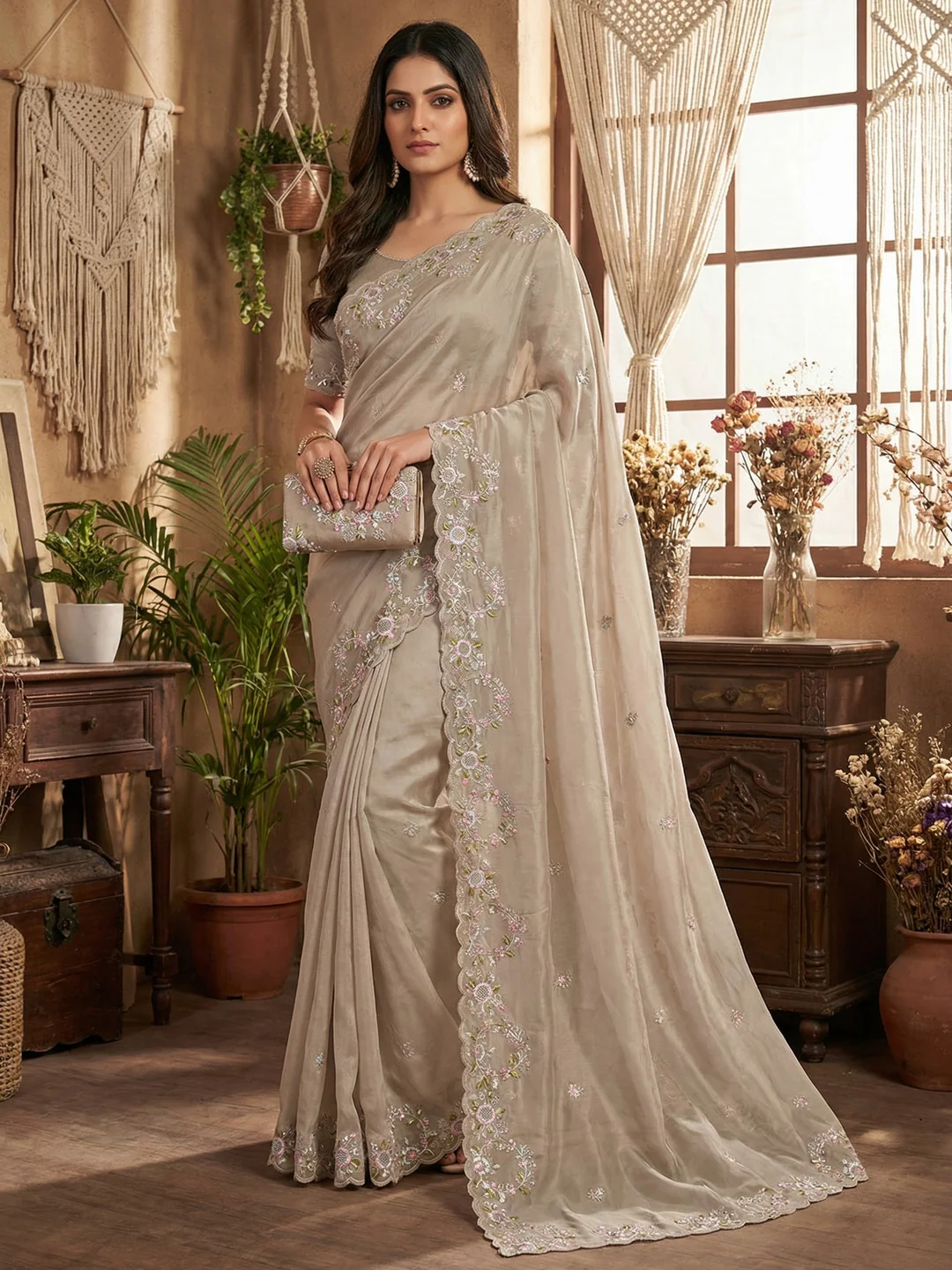 Graceful Chikoo Satin Saree Adorned With Floral Embroidery & Shimmering Sequins Work