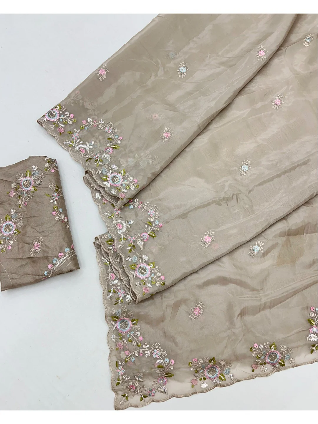 Graceful Chikoo Satin Saree Adorned With Floral Embroidery & Shimmering Sequins Work - Image 3