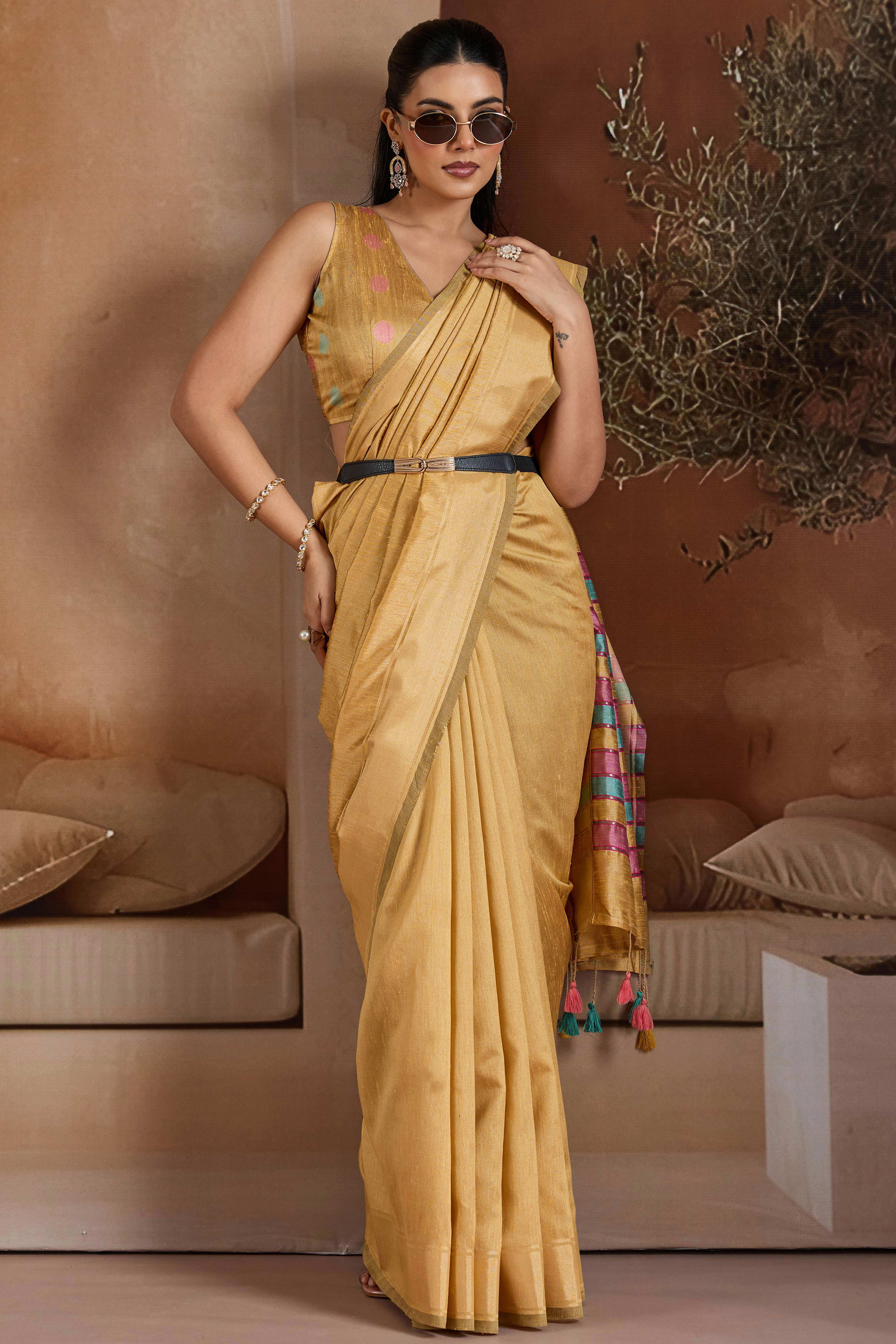 Graceful Chikoo Zari Woven Bhagalpuri Silk Saree Accented With Tassel Pallu - Image 3