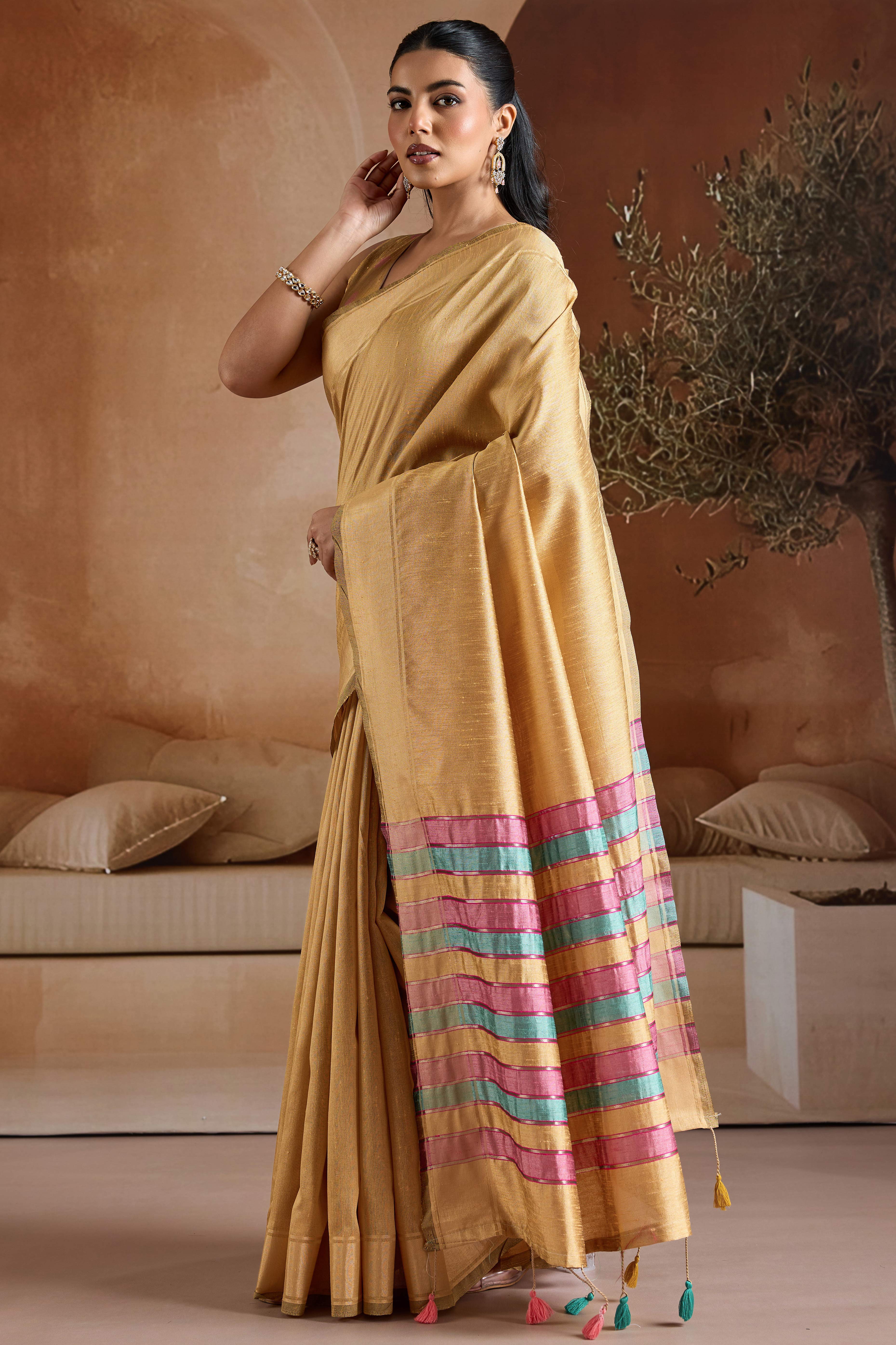 Graceful Chikoo Zari Woven Bhagalpuri Silk Saree Accented With Tassel Pallu - Image 4