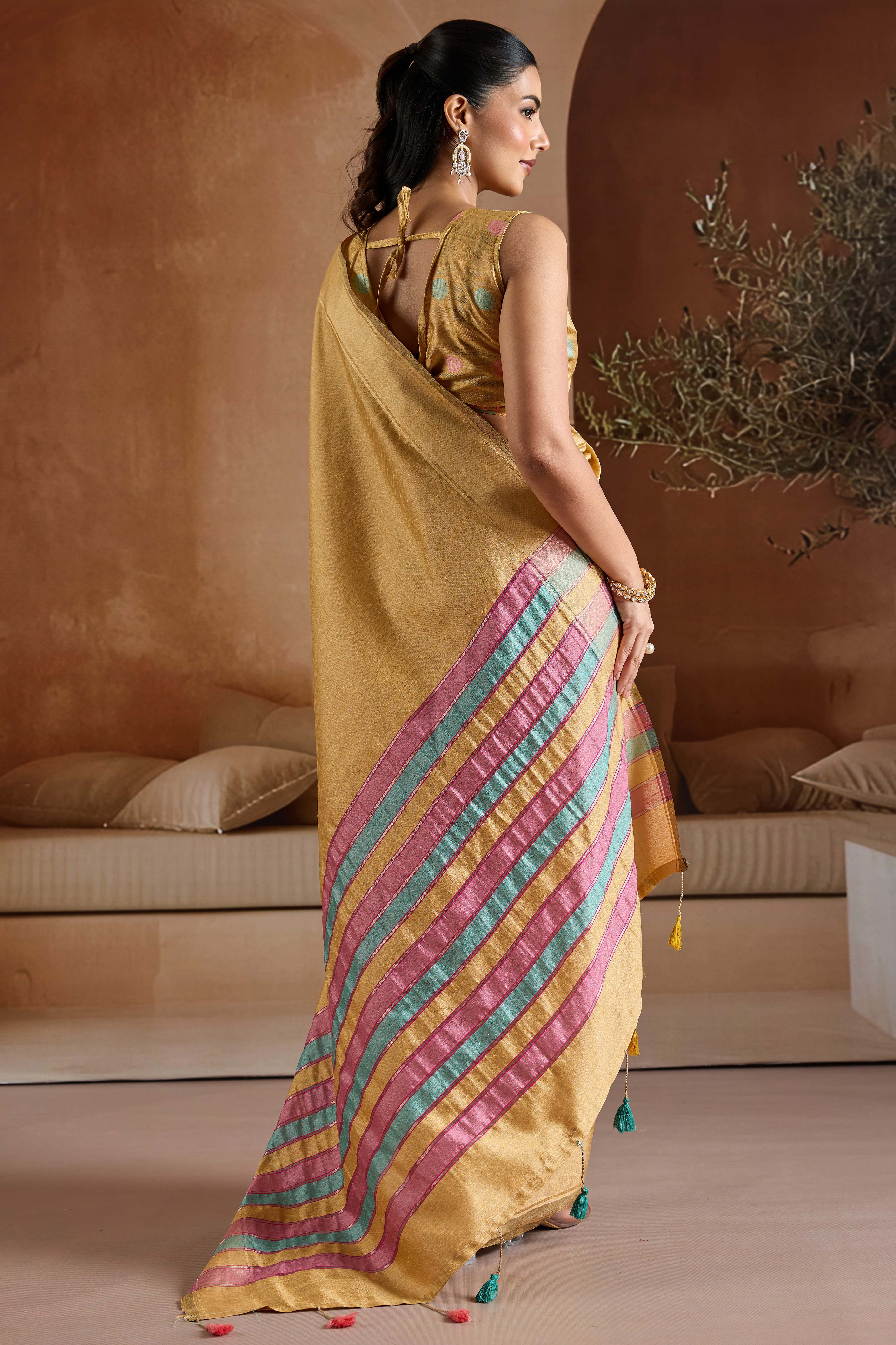 Graceful Chikoo Zari Woven Bhagalpuri Silk Saree Accented With Tassel Pallu - Image 5