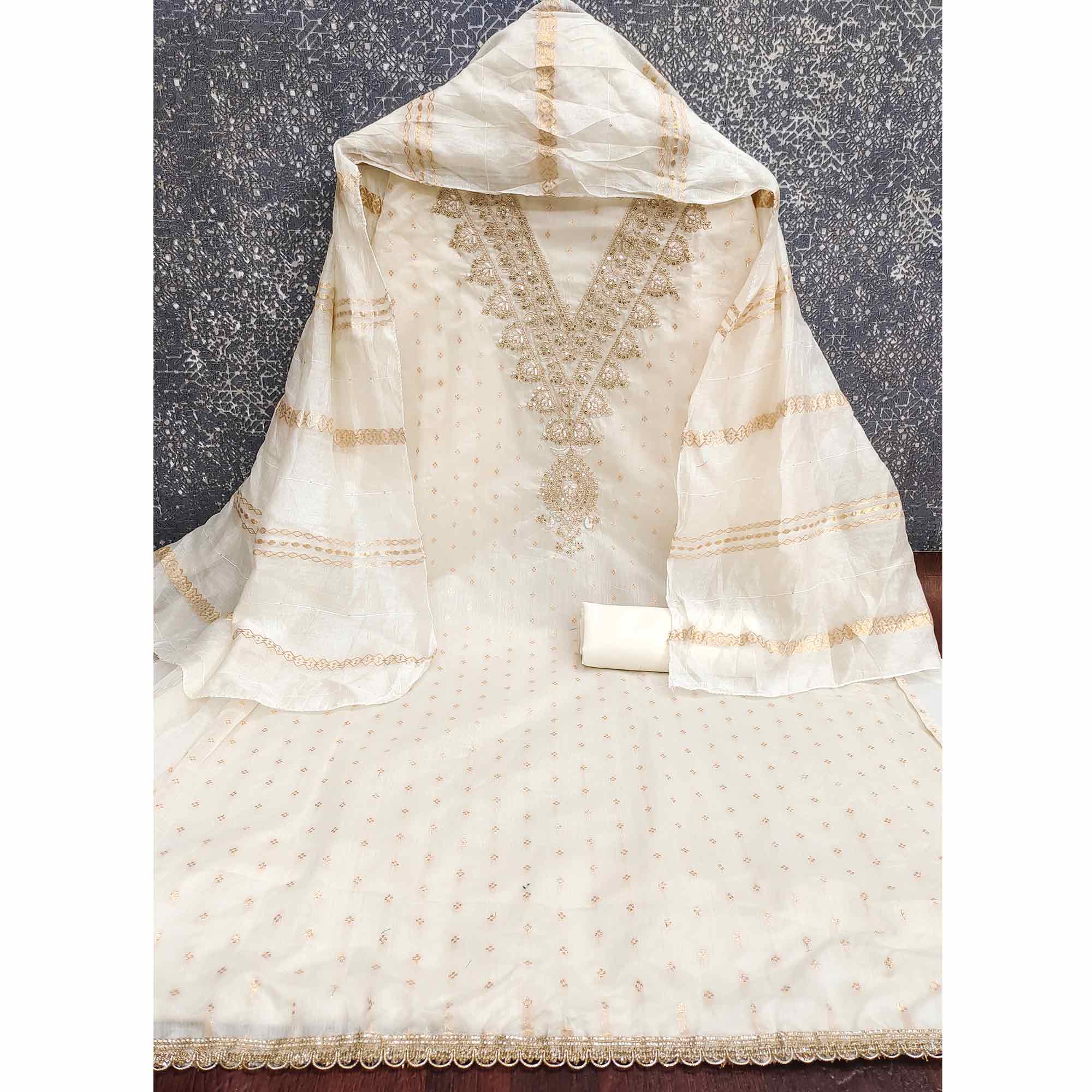 Graceful Cream Butti Motif Chanderi Silk Dress Material Featuring Floral Cording Embroidery Work - Image 2
