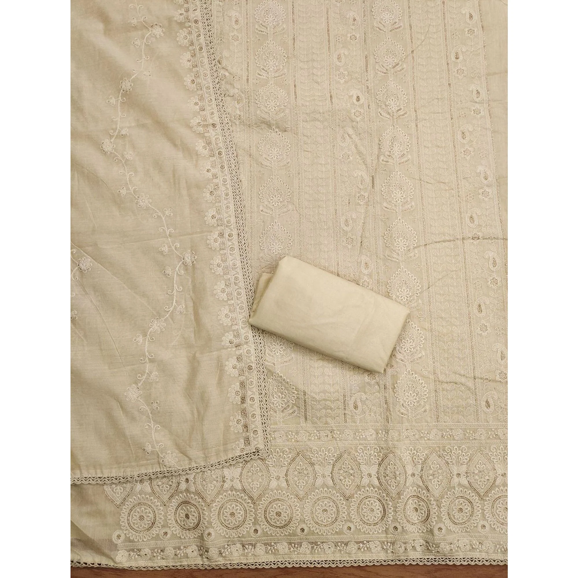 Graceful Cream Chanderi Silk Dress Material Featuring Intricate Lucknowi Embroidery - Image 4