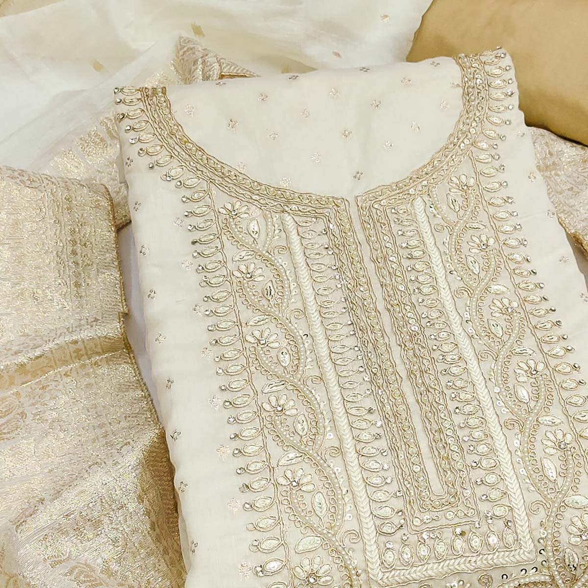 Graceful Cream Cording Embroidery Chanderi Silk Banarasi Dress Material With Sequins & Moti Work - Image 2
