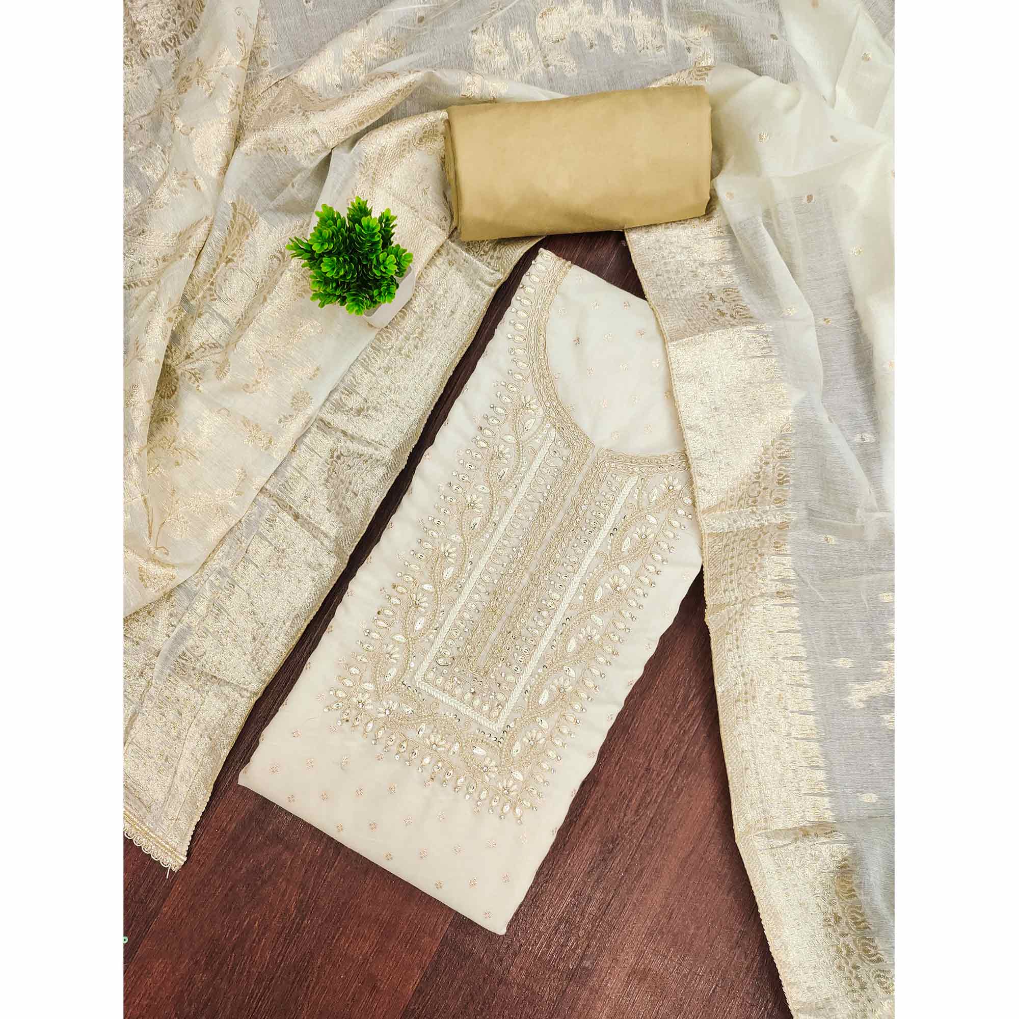 Graceful Cream Cording Embroidery Chanderi Silk Banarasi Dress Material With Sequins & Moti Work - Image 3