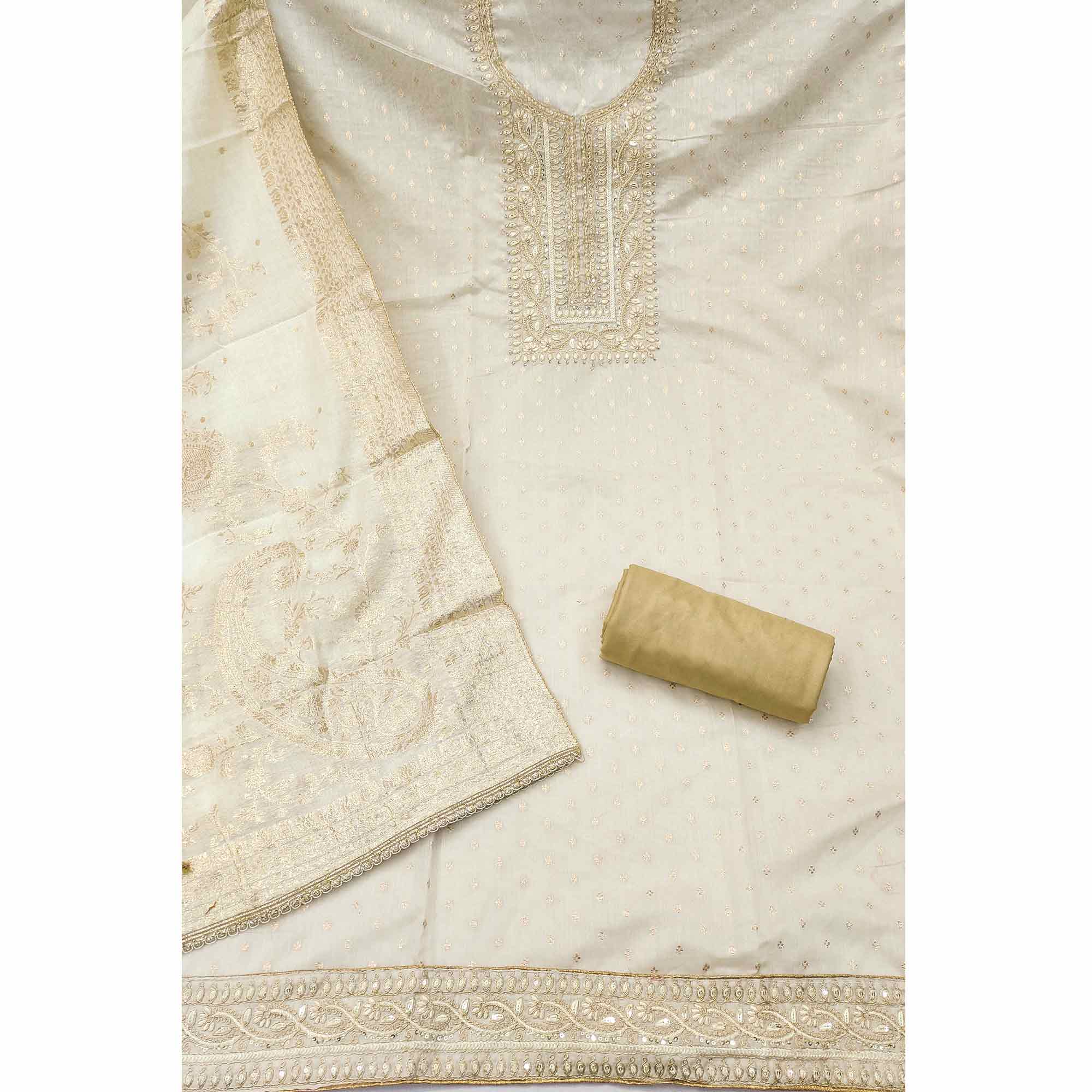 Graceful Cream Cording Embroidery Chanderi Silk Banarasi Dress Material With Sequins & Moti Work - Image 4