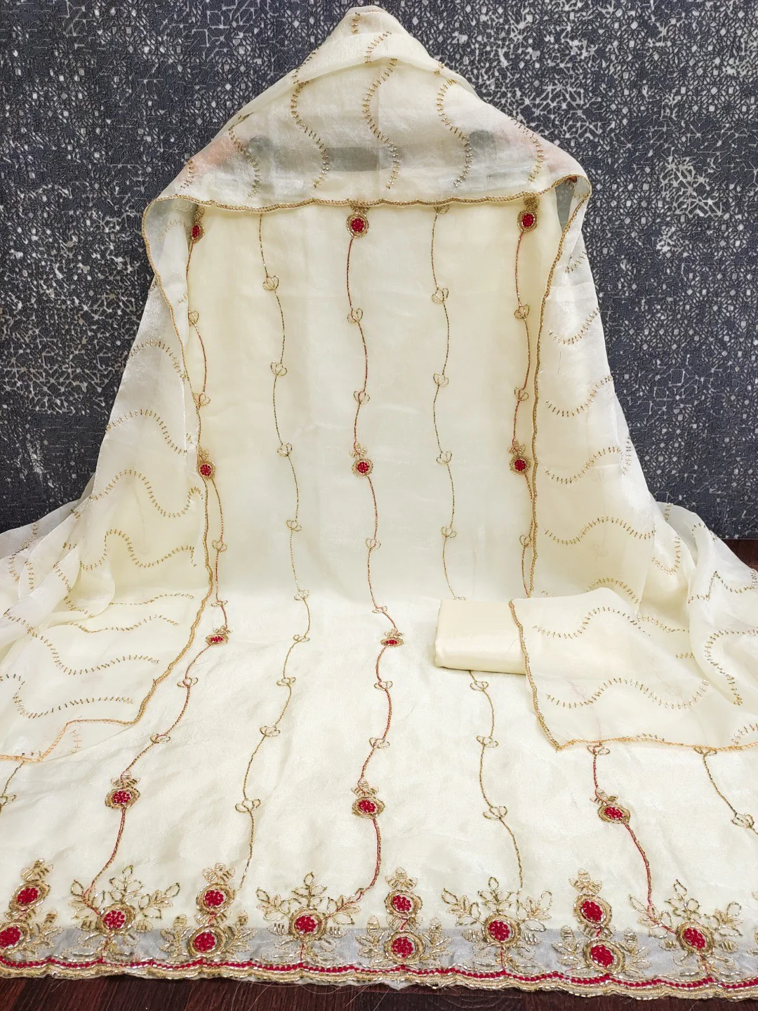 Graceful Cream Floral Beads Embroidery Work Fendy Silk Blend Dress Material - Image 4