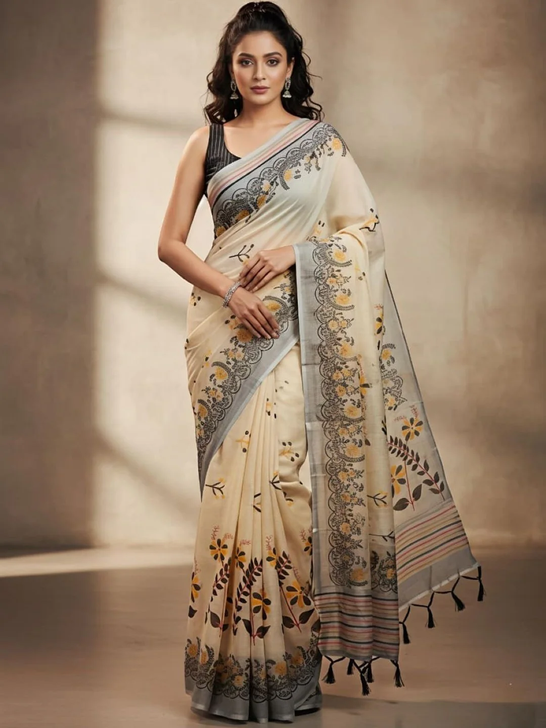 Graceful Cream Floral Print Linen Saree with Delicately Designed Beautiful Border