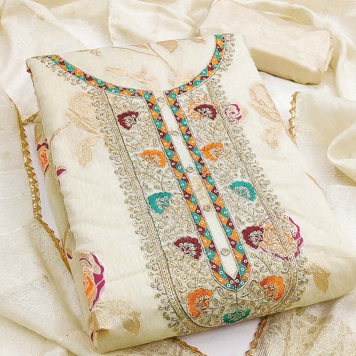 Graceful Cream Floral Weaving Modal Chanderi Silk Dress Material With Cording Neck Embroidery Work - Image 2
