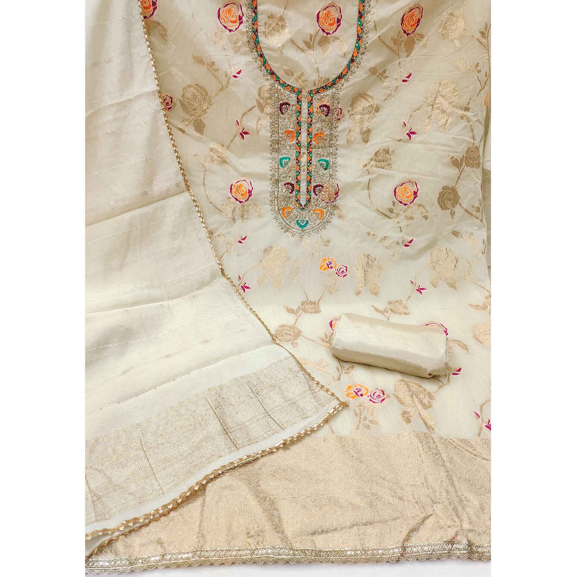 Graceful Cream Floral Weaving Modal Chanderi Silk Dress Material With Cording Neck Embroidery Work - Image 3